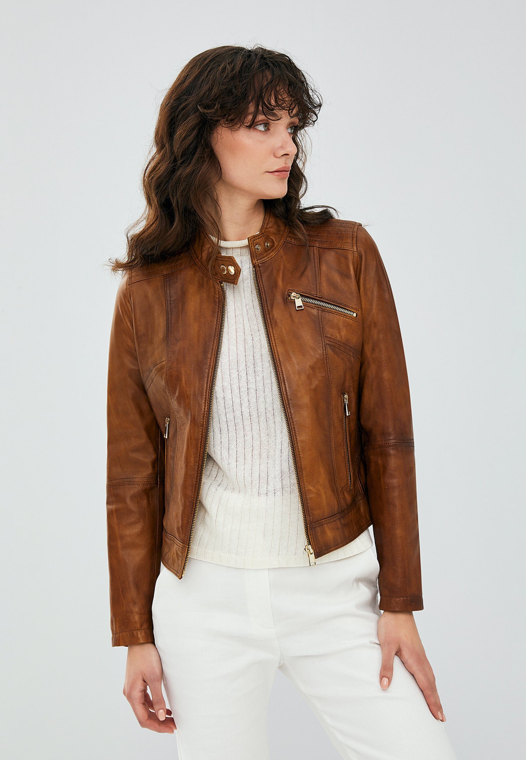 Derimod Lederjacke Kylie Kurze Lederjacke Regular Fit, Reißverschluss, Stehkragen, Kurz, Textilfutter