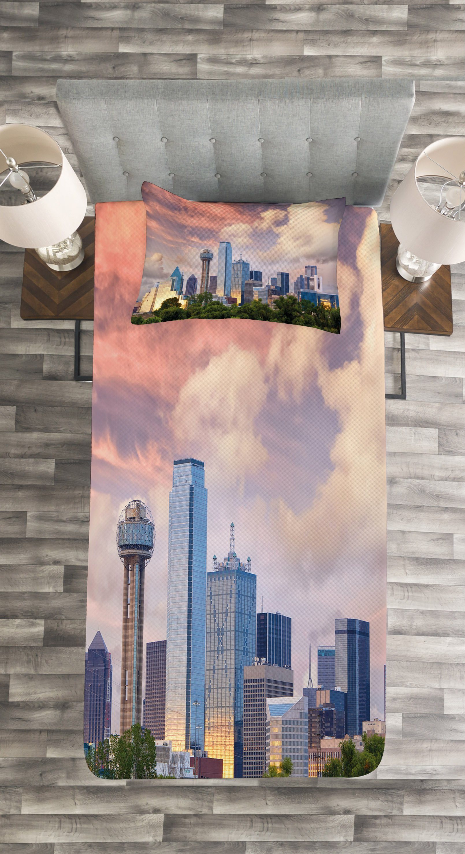 Tagesdecke Set mit Kissenbezügen Vereinigte Waschbar, Dallas Abakuhaus, Staaten Skyline