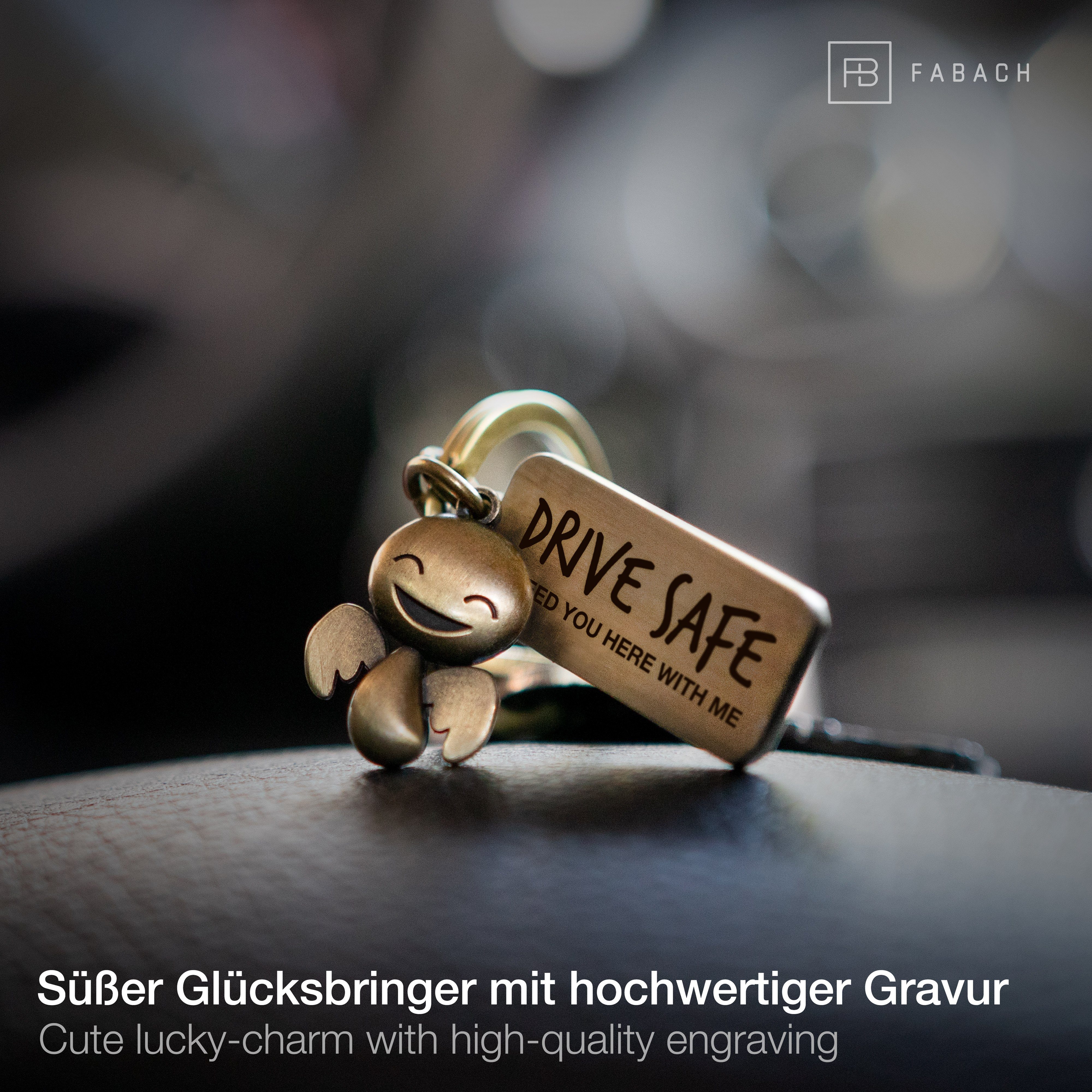 FABACH Roségold Gravur Glücksbringer Schlüsselanhänger Drive Happy - mit Safe Schutzengel Auto Geschenk