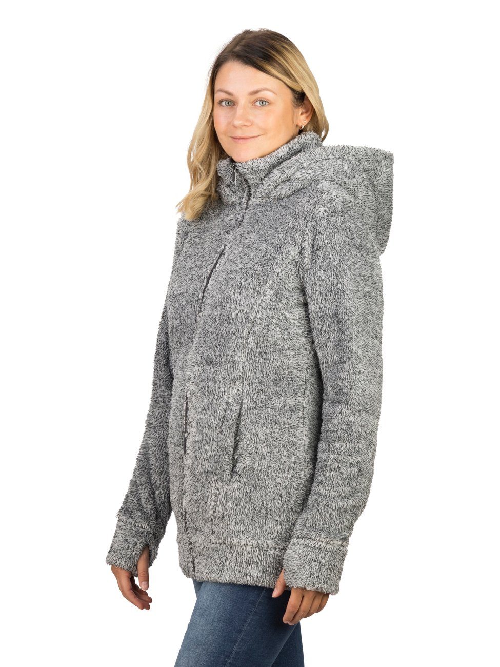 Regular Fit (63404) White-Anthracite Outdoorjacke Damen mit DFMila Kapuzenjacke Grey Melange Teddyfleece Fleecejacke DENIMFY