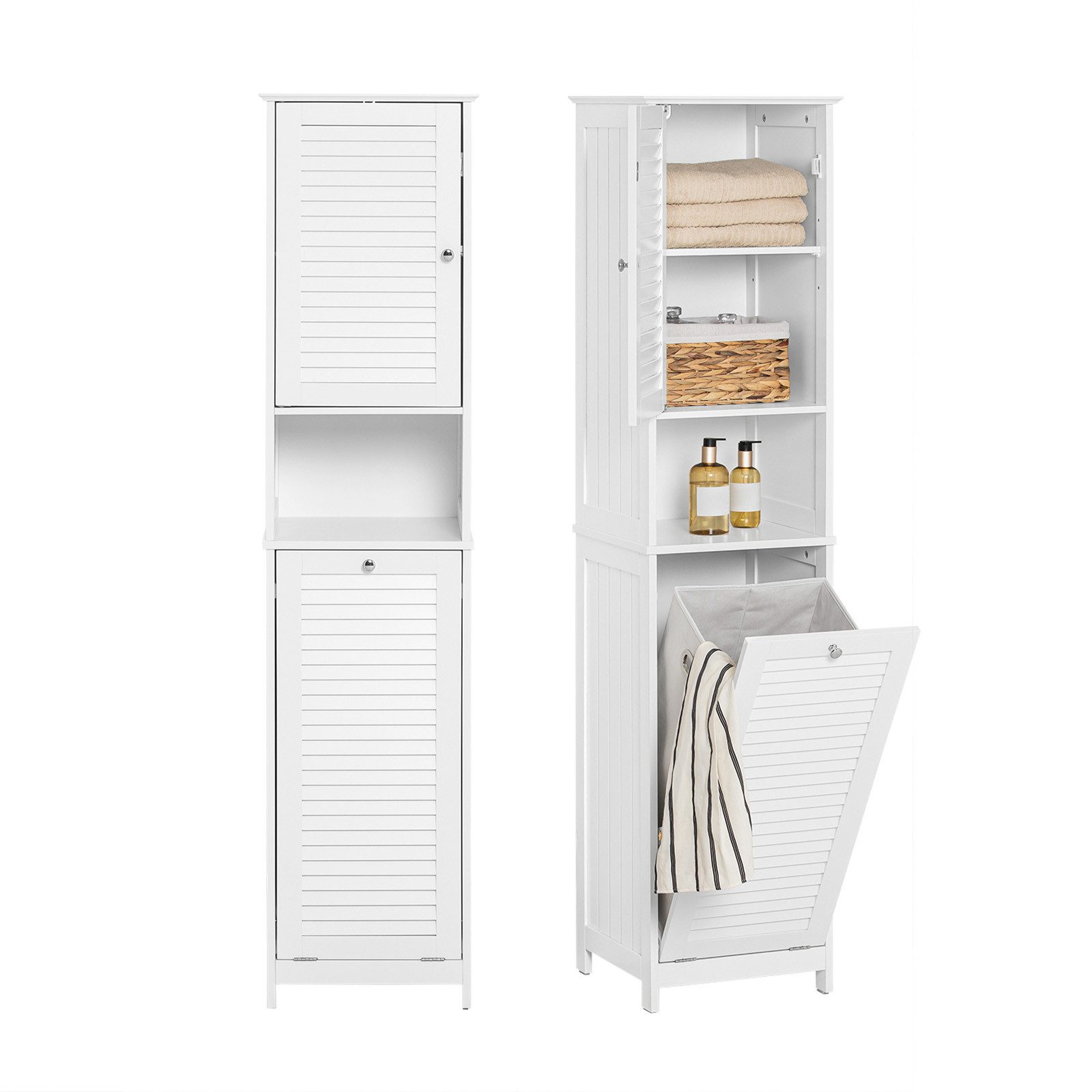 SoBuy Hochschrank BZR124, Badschrank schmal, Badschrank mit Regal, Badezimmer Schrank Badezimmerschrank mit Wäschesack Wäscheschrank Badezimmermöbel