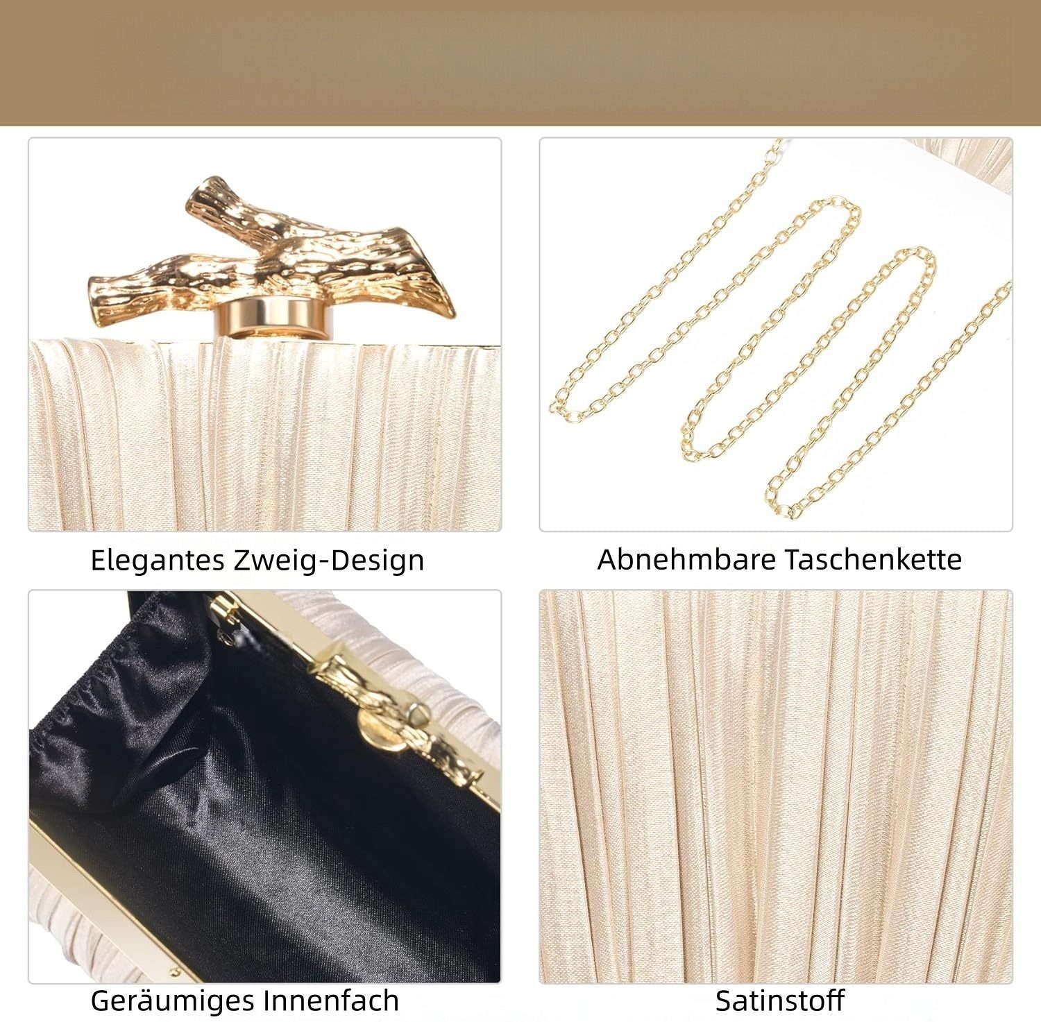 FOUORTUNATE-BEE Abendtasche Damen Abendtasche, Faltenhandtasche mit Kette, elegant & abnehmbar, Handtasche für Hochzeit Party, Satin Clutch, Schulter und Handtasche