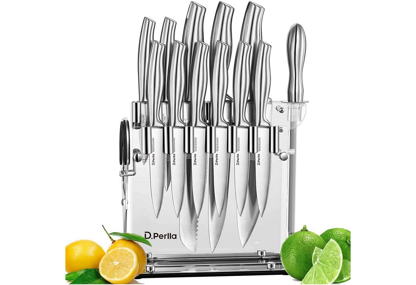 D.Perlla Messer-Set 14 tlg Messer Set, Messerhalter aus Acryl (14-tlg), mit ergonomischer Griffe, silber