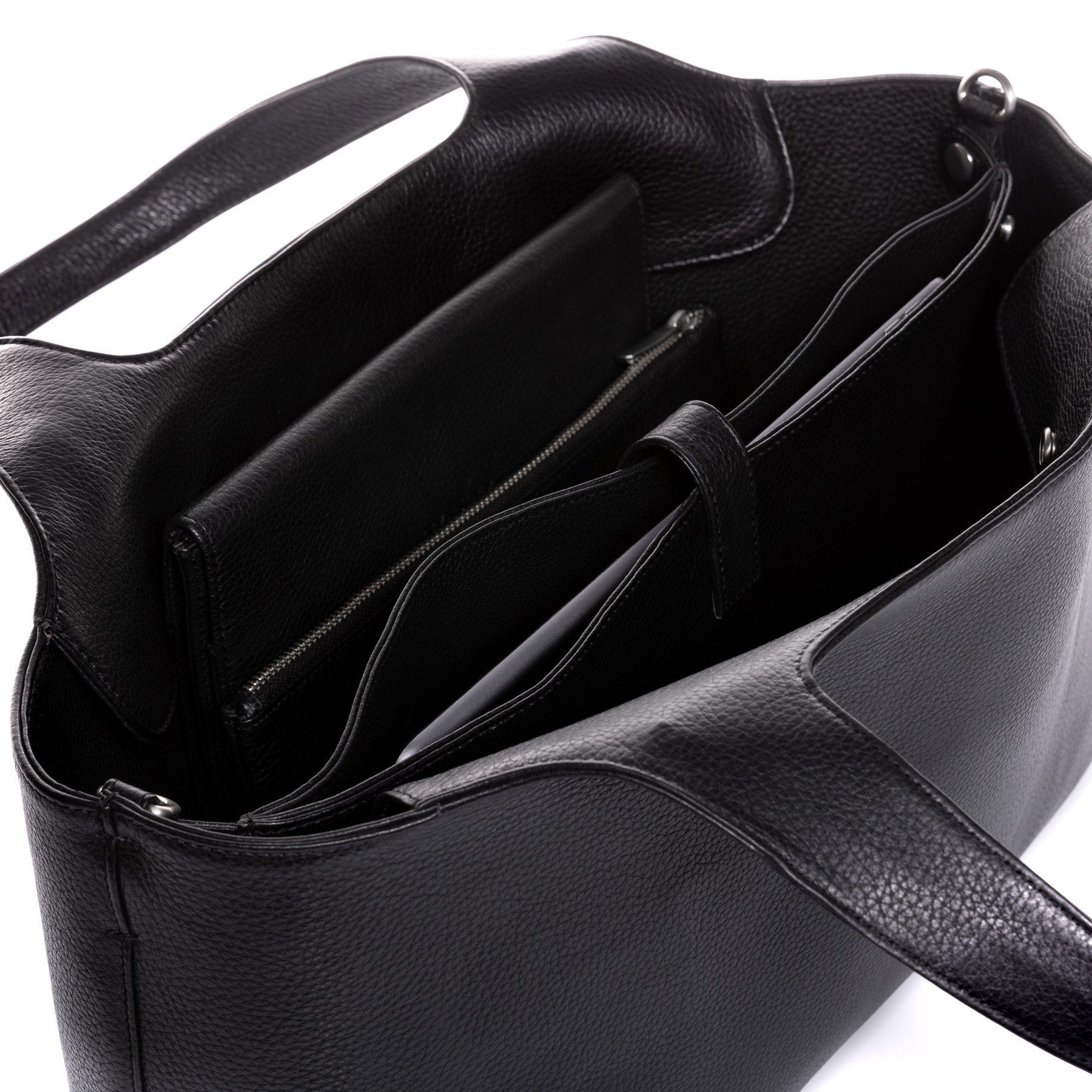 FEYNSINN Umhängetasche echt Leder Damen Businesstasche 16 Zoll schwarz, Add On Tote Komplettset 16'' echt Leder Damen, Schultertasche schwarz