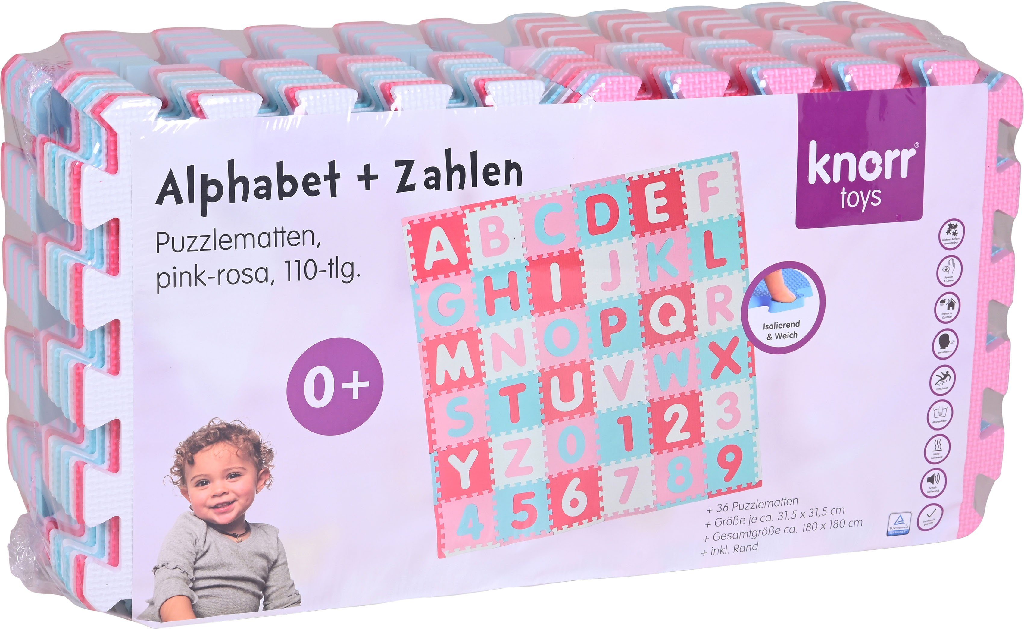 Knorrtoys® Puzzle + Bodenpuzzle Puzzlematte, Zahlen, Alphabet Pink-rosa, Puzzleteile