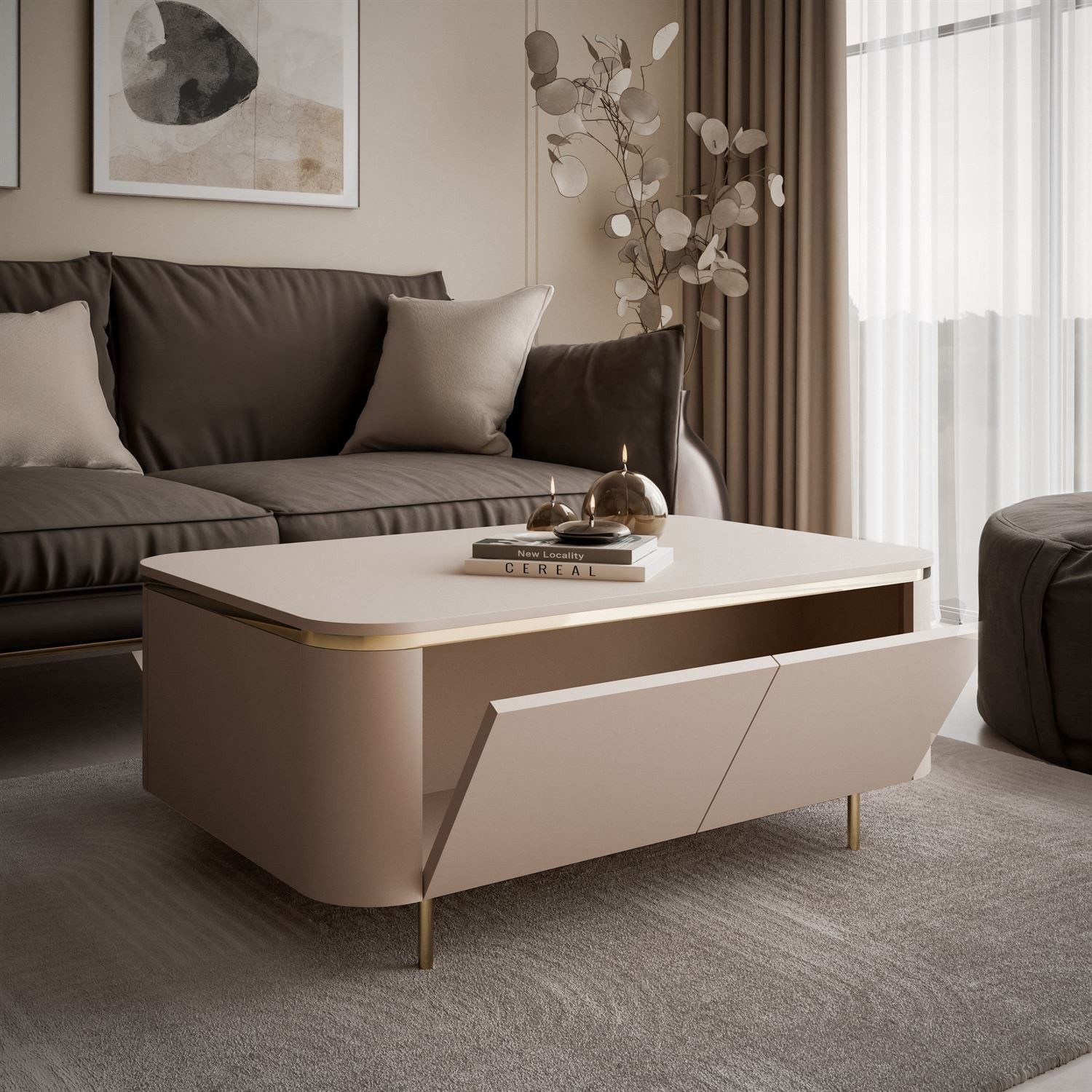 ALLHOUSE24 Couchtisch LINE eleganter Design-Tisch mit abgerundeten Formen, Goldakzenten (1x Couchtisch), Breite 90 cm – Bild 3 von 5