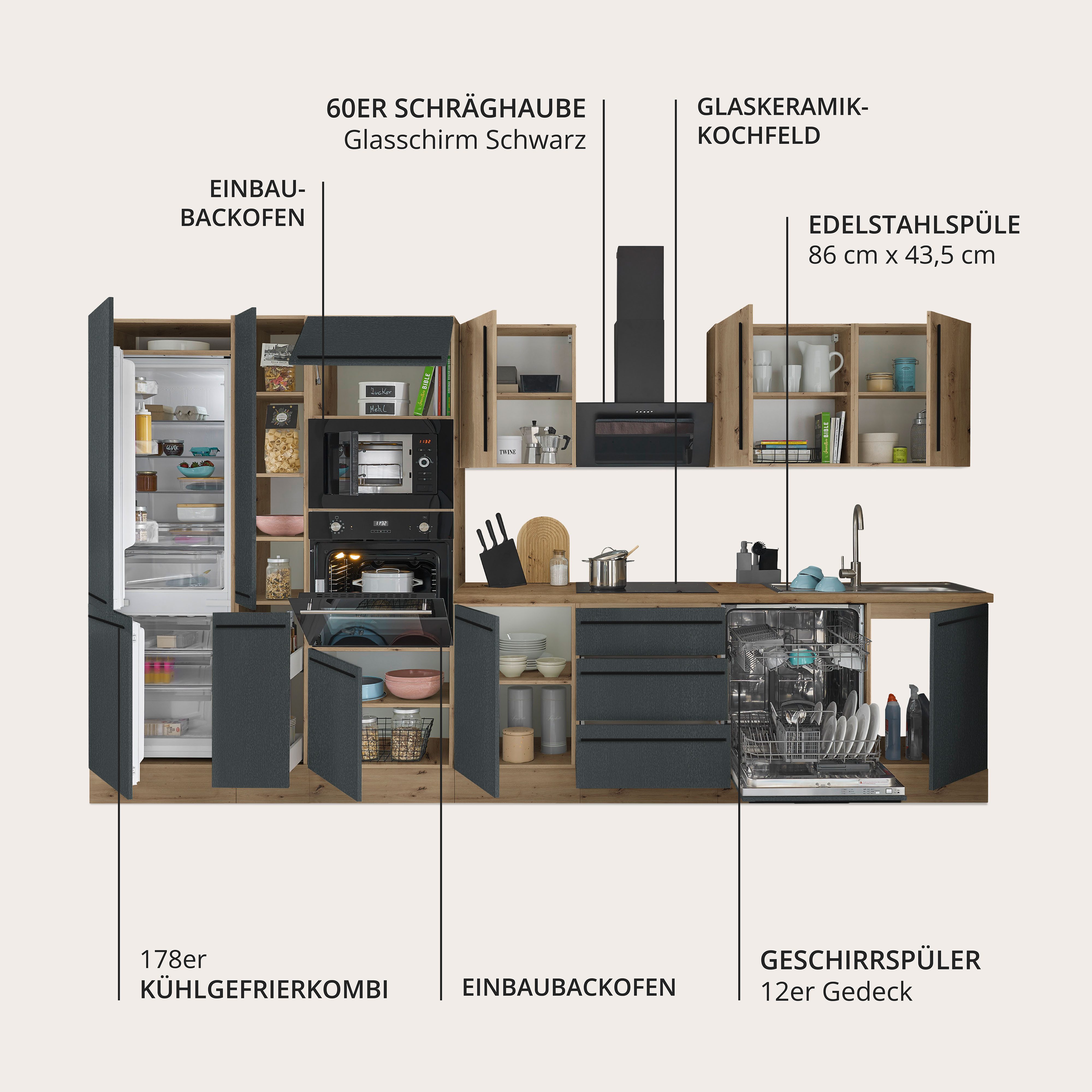 KOCHSTATION Küchenzeile Florida, Breite 370 cm, wahlweise mit E-Geräten,Softclose für Türen/Schubkästen