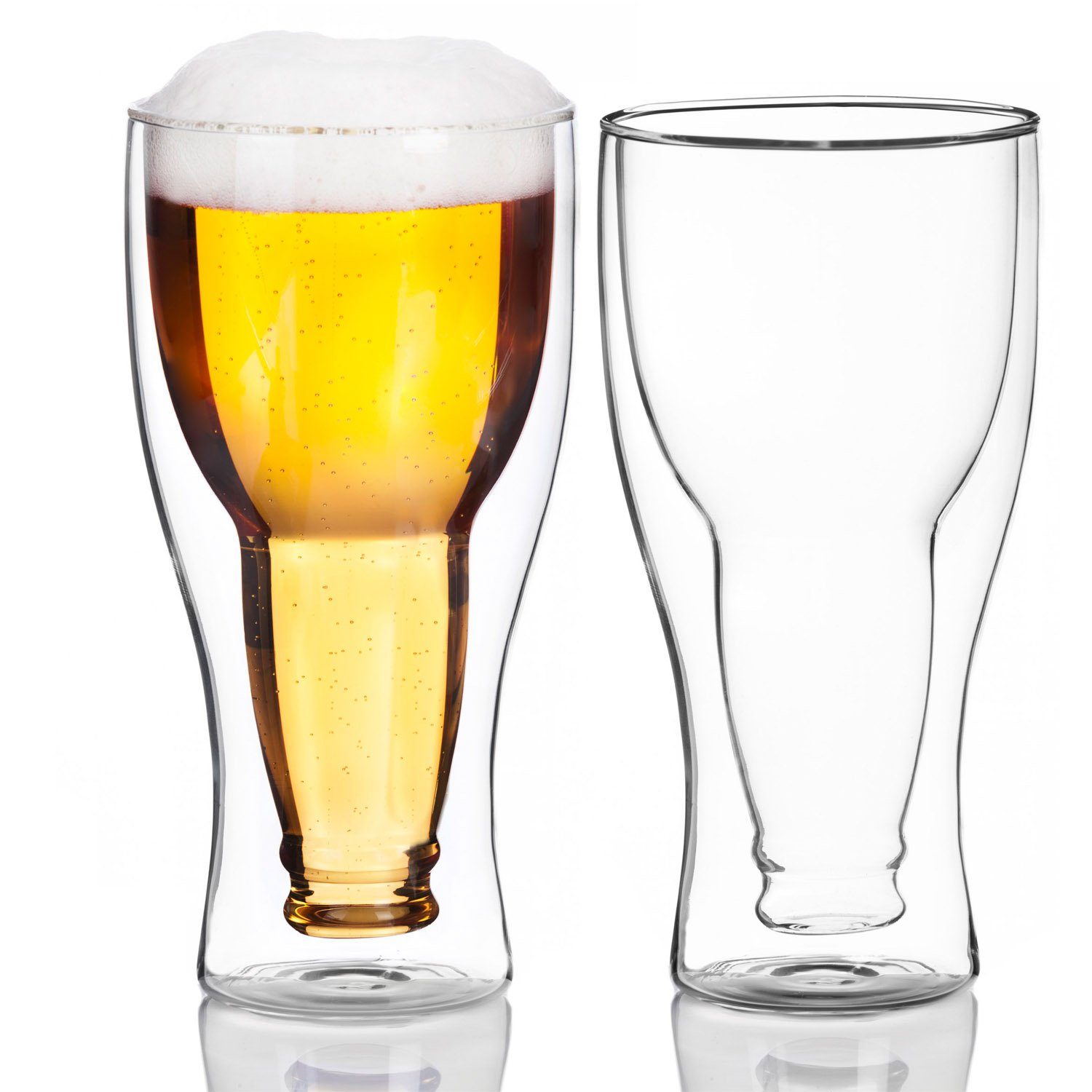 Dimono Bierglas DIMONO Bierglas Glasflasche Effekt–Doppelwandiges invertiert Bierglas, 2-tlg., Borosilikatglas, Umgestülpte Bierflasche im Glas