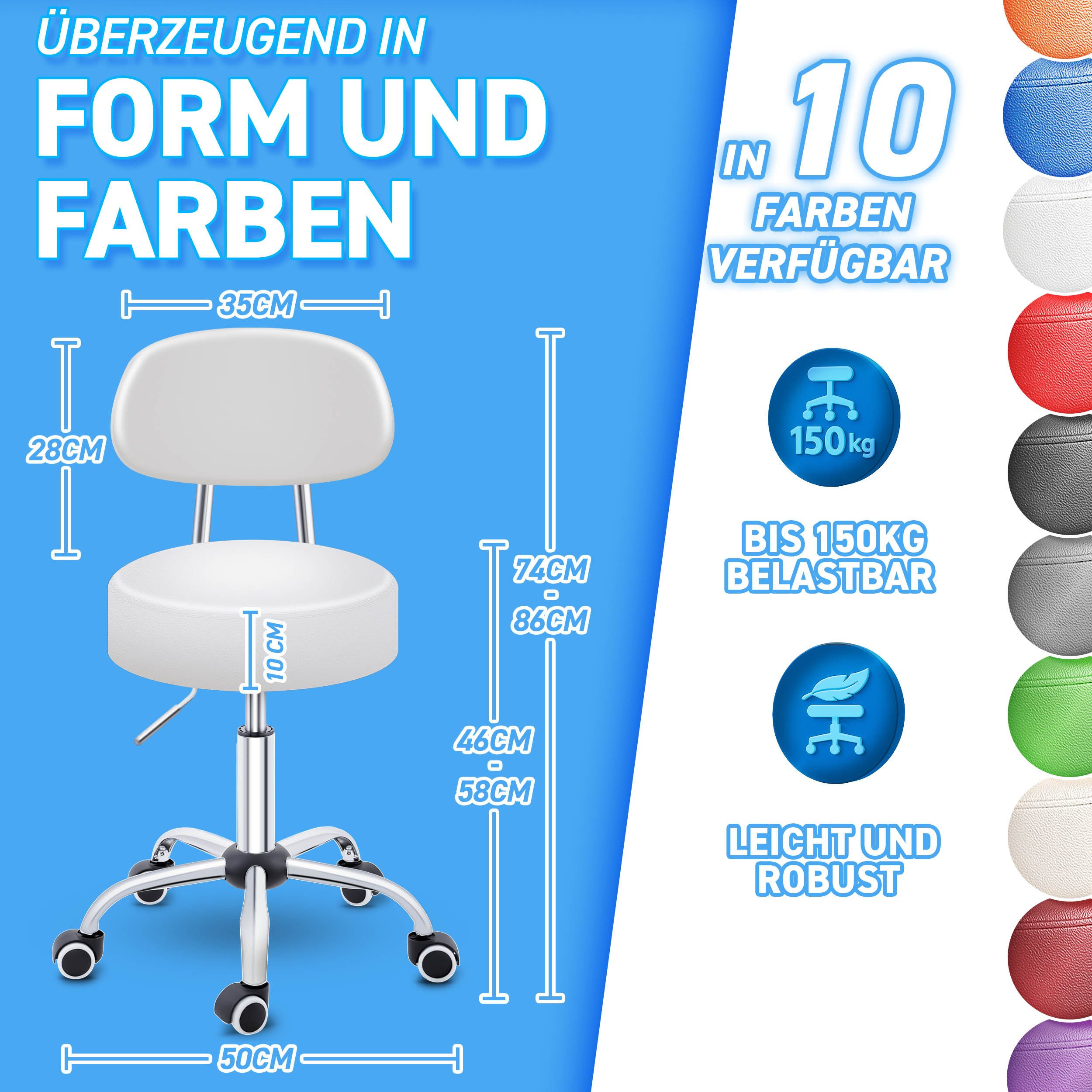 TRESKO Drehhocker Rollhocker mit Lehne, Arbeitshocker höhenverstellbar 46-5 günstig online kaufen