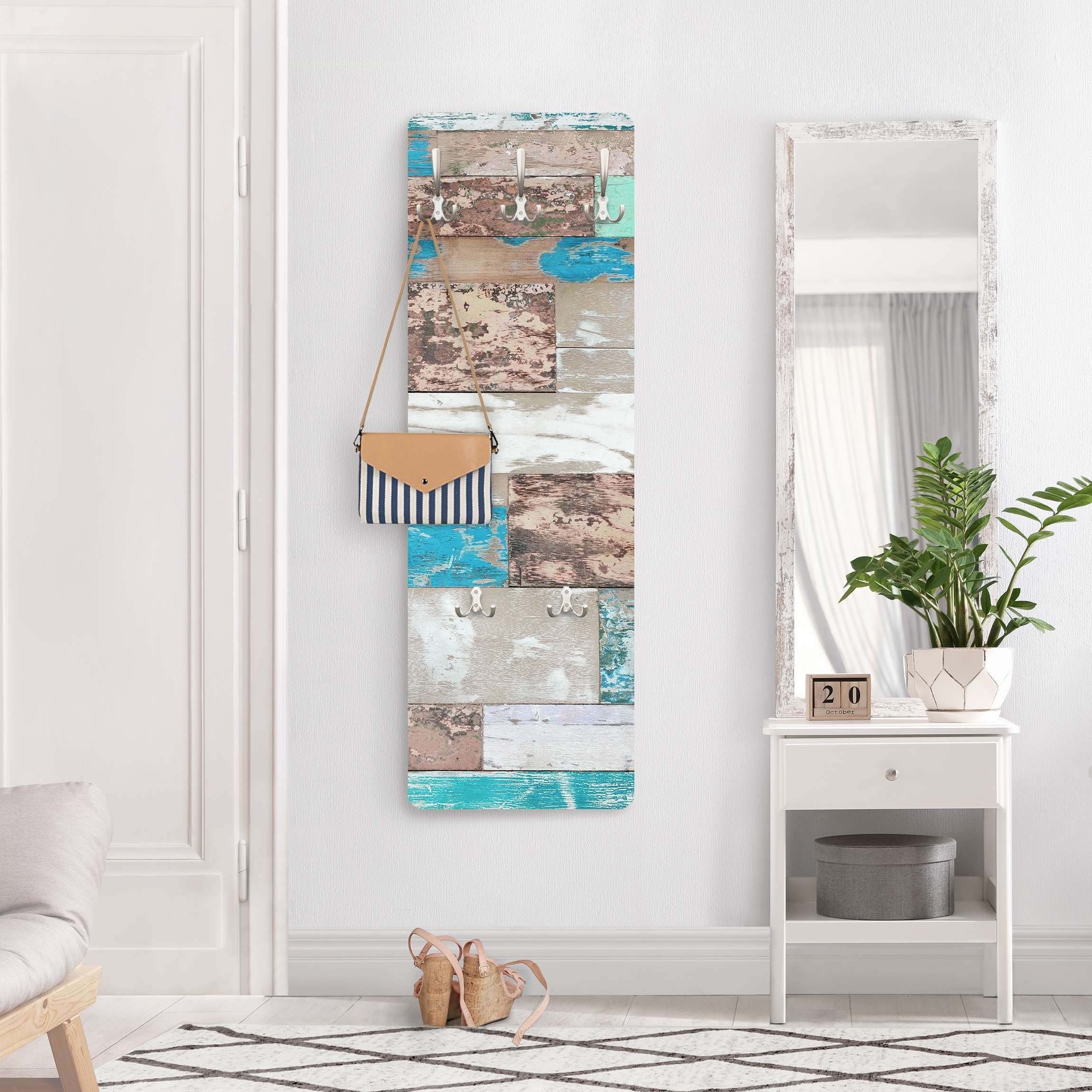 Bilderdepot24 Garderobenpaneel Design Kulinarisch Holzoptik Bretteroptik Kunst Muster Maritime Planks (ausgefallenes Flur Wandpaneel mit Garderobenhaken Kleiderhaken hängend), moderne Wandgarderobe - Flurgarderobe im schmalen Hakenpaneel Design