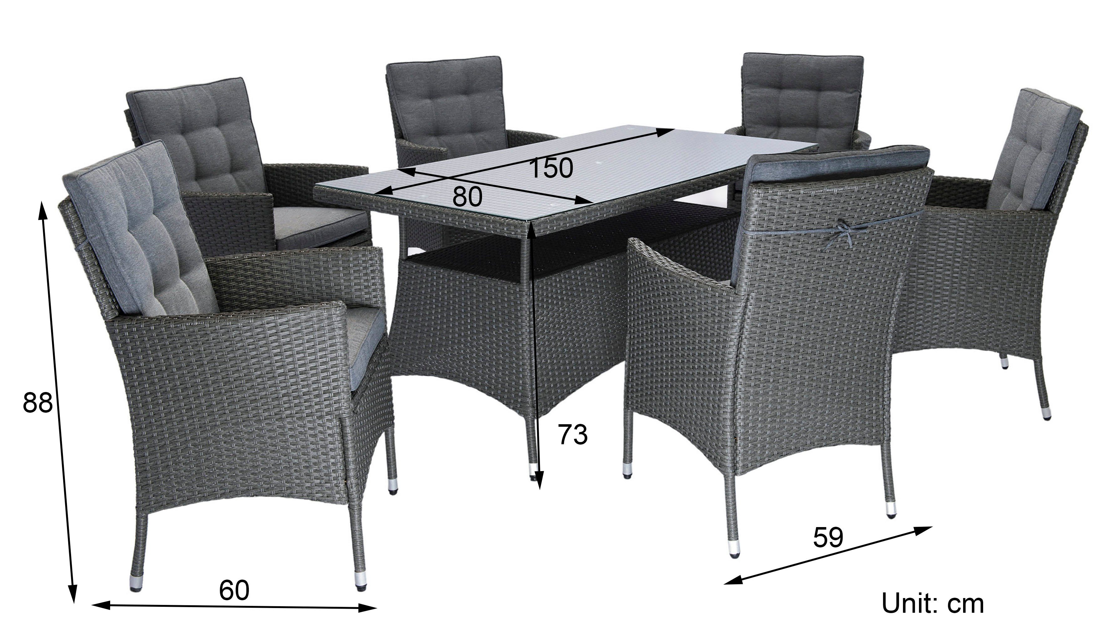 KONIFERA Garten-Essgruppe Korfu, (Set, 13-tlg., 6x Sessel, 1xTisch: 150x80x73,5 cm, inkl. Auflagen, inkl. Schutzhülle), Tischplatte aus Sicherheitsglas, Staufläche unter dem Tisch