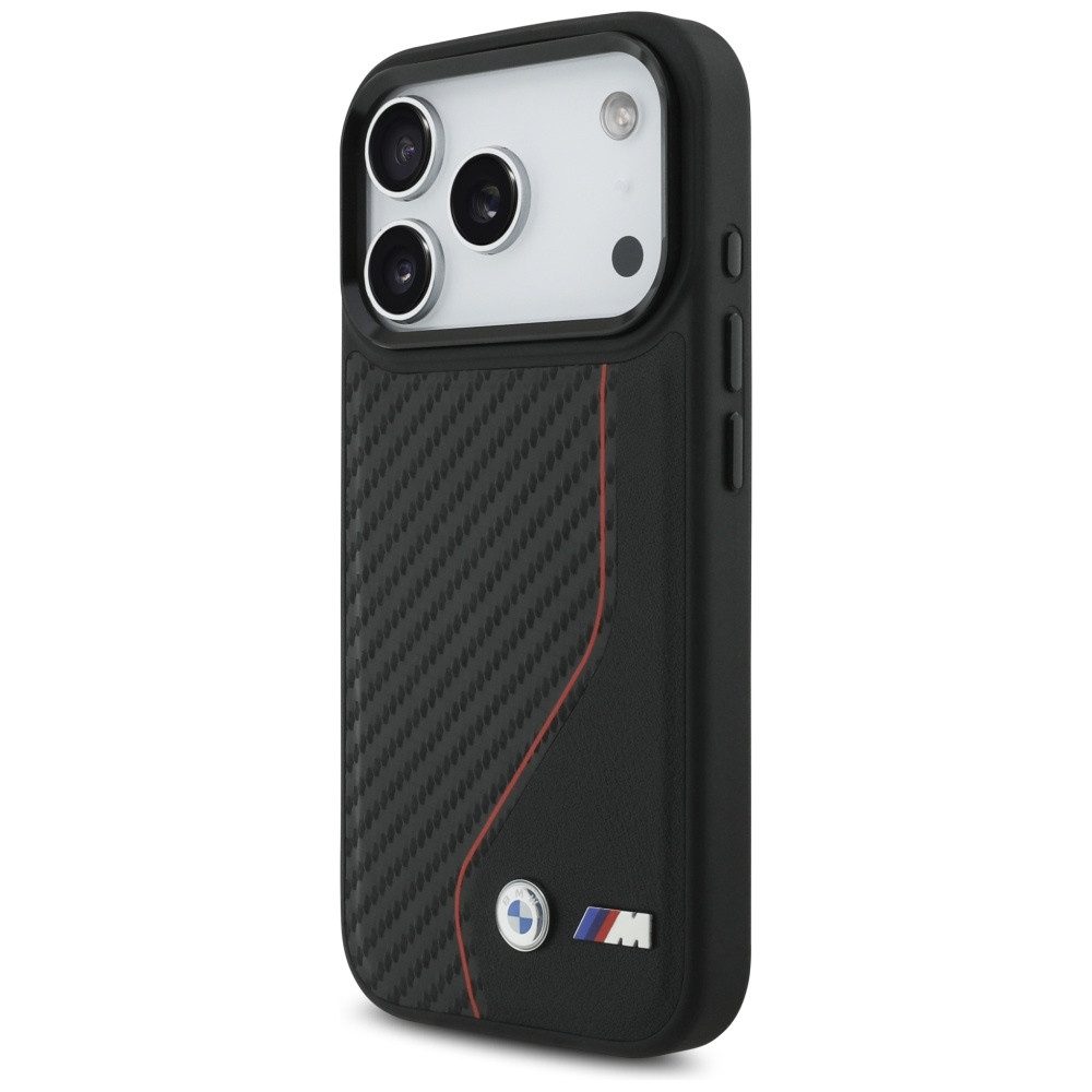 BMW Handyhülle Case iPhone 17 Pro MagSafe Carbon-Optik schwarz Streifen Logo Metall. 6,3 Zoll, Kantenschutz