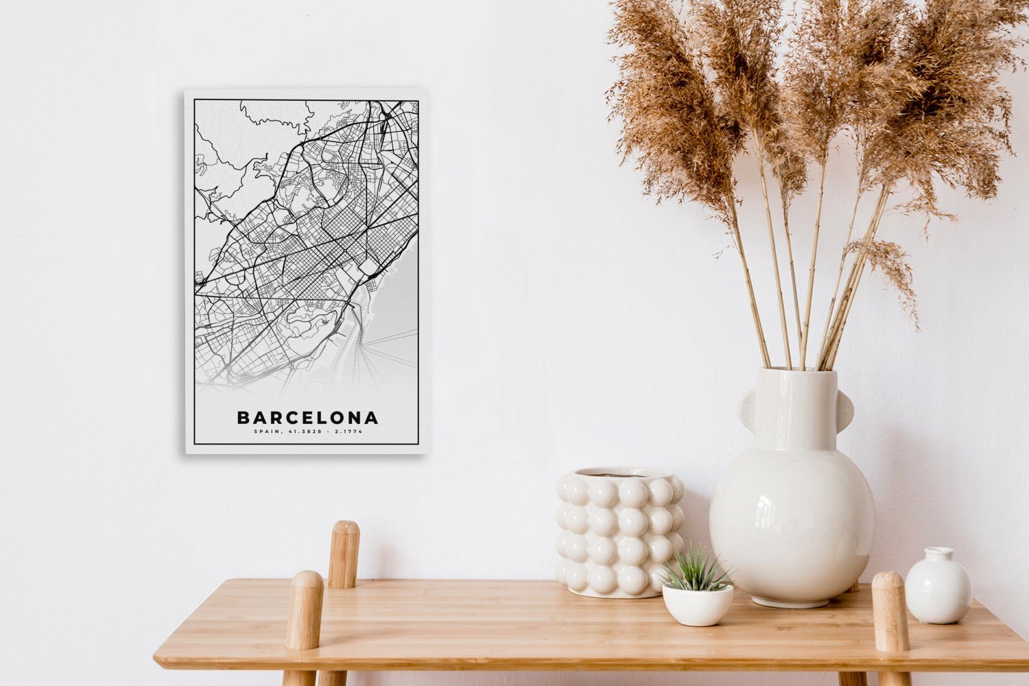 OneMillionCanvasses® Leinwandbild Barcelona Karte Schwarz bespannt - 20x30 Gemälde, - Zackenaufhänger, Leinwandbild und - weiß, inkl. fertig Stadtplan (1 St), cm