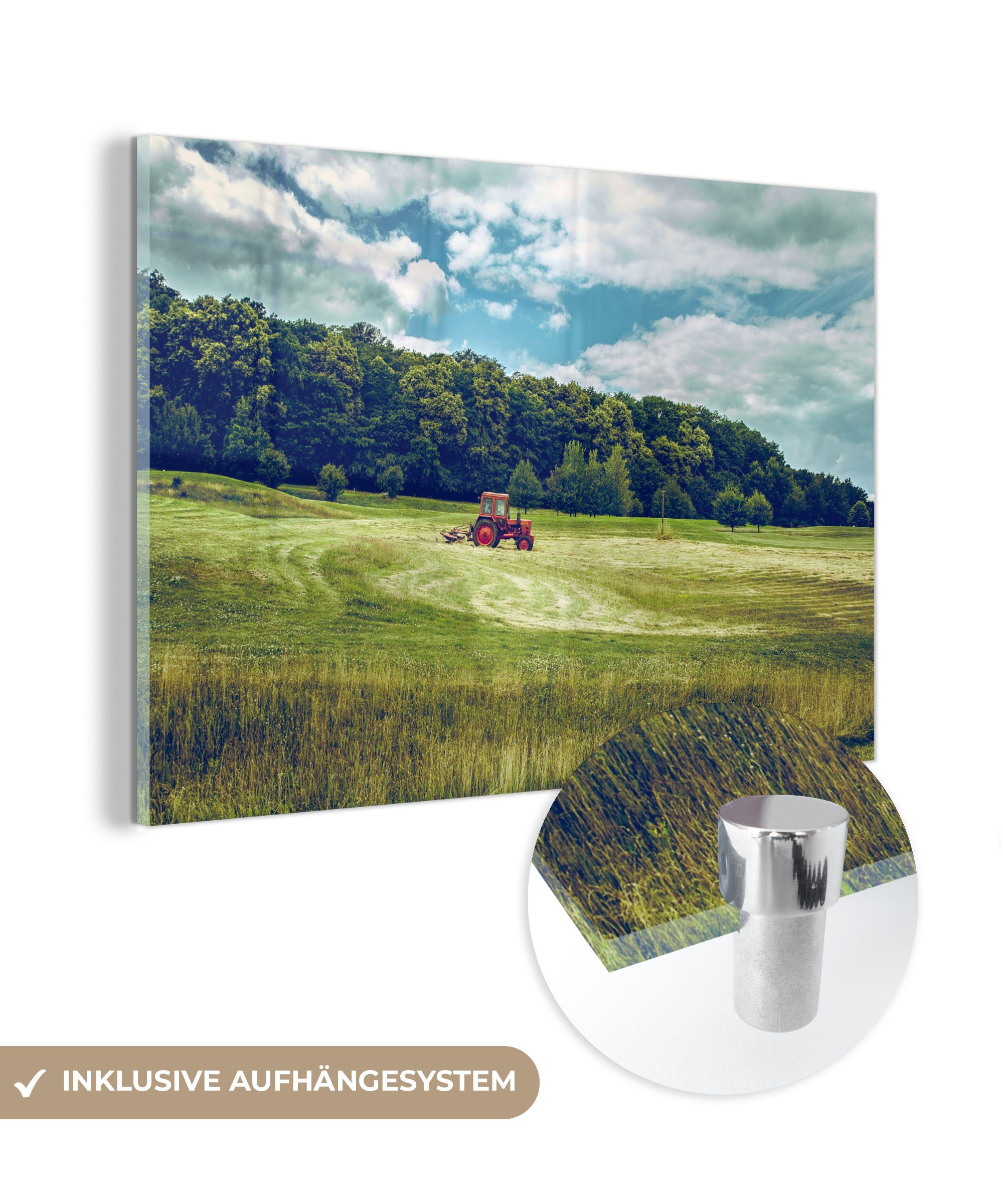 MuchoWow Acrylglasbild Traktor - Baum - Schilf, (1 St), Acrylglasbilder Wohnzimmer & Schlafzimmer