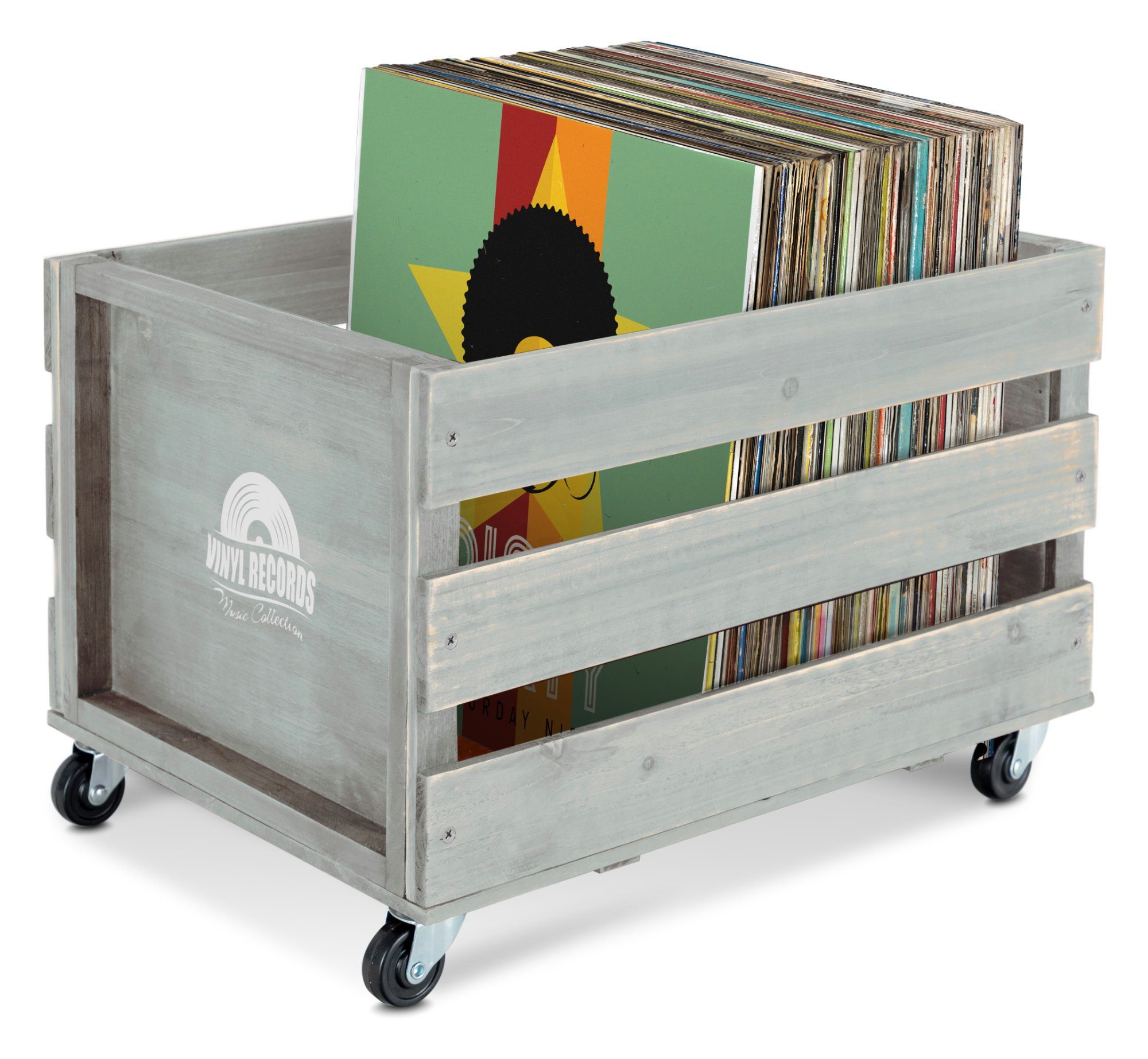 Stagecaptain Holzkiste Emil Schallplattenkiste Holz Grau für bis zu 100 LPs (1 St), für bis zu 100 LPs - aus Vollholz im Retro-Design