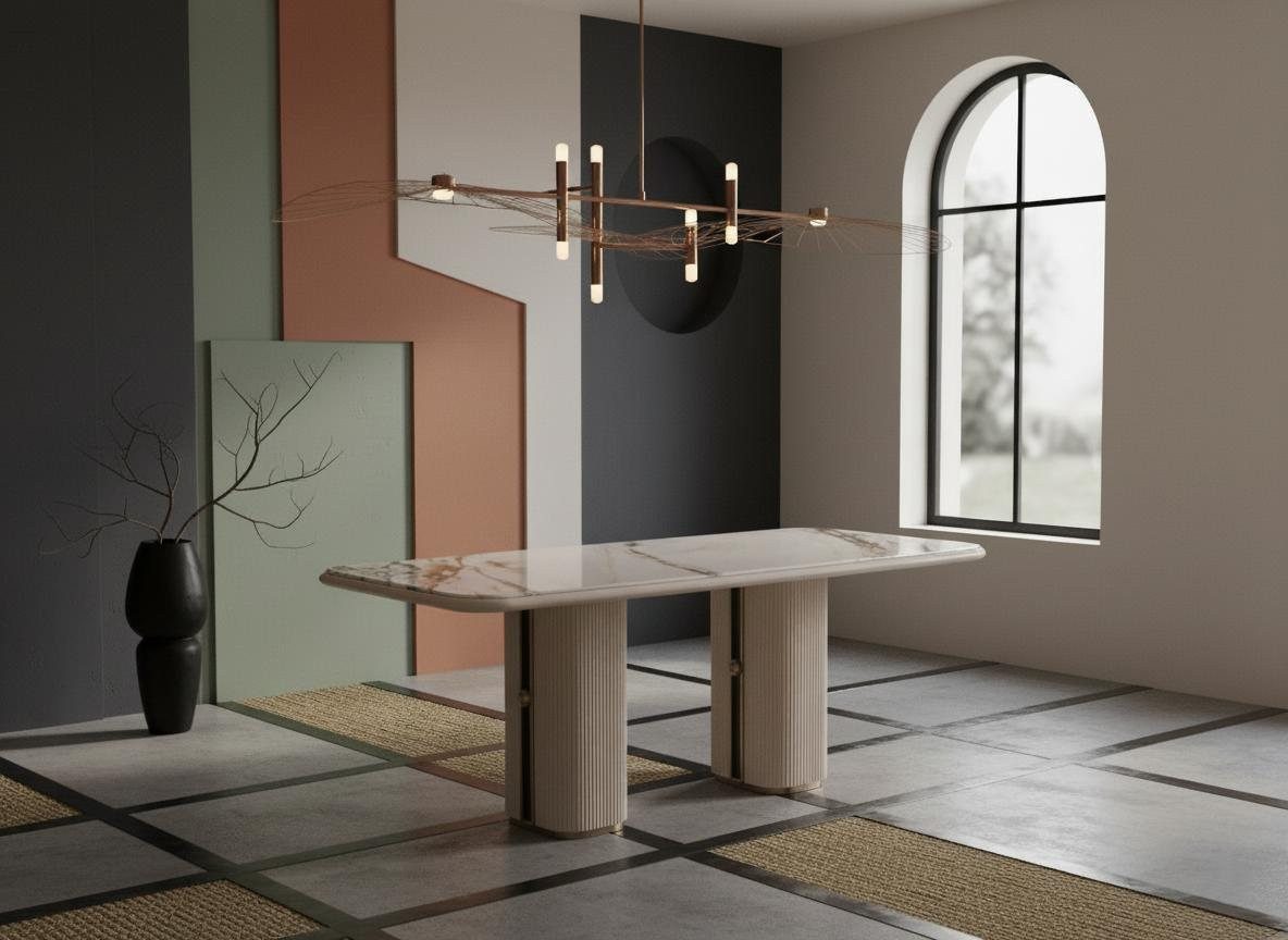 JVmoebel Esstisch Luxus Moderner Esstisch Beige Holz Doppel Saeulenbeine Design, Made in Europa
