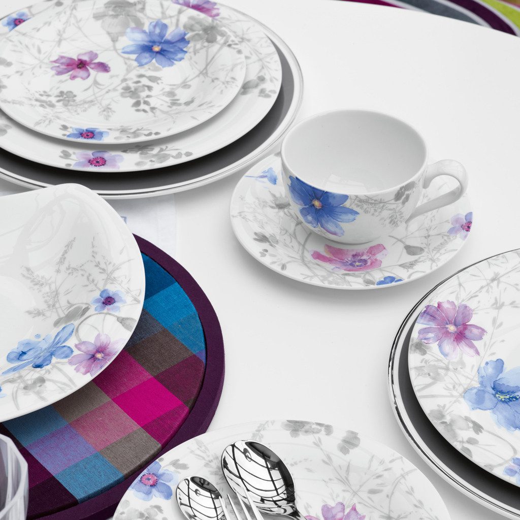 Villeroy & Boch Kaffeeservice Mariefleur Gris Basic (18-tlg), 6 Personen, Fine China-Porzellan, Made in Germany, Fine China Porzellan