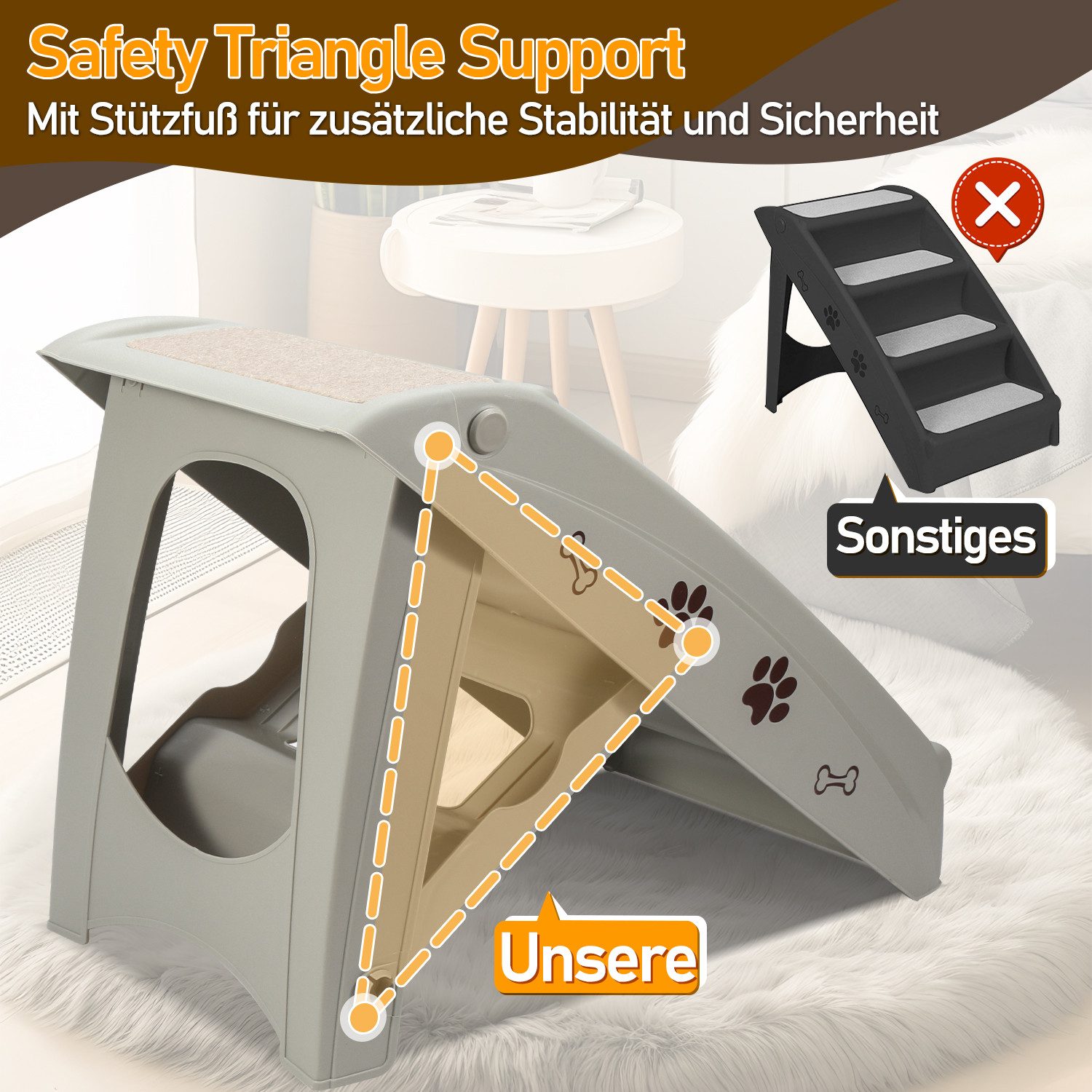 Clanmacy Haustiertreppe 4-Stufige Hundetreppe Hunderampe Haustiertreppe bis 75 kg Klappbar, Anti Rutsch