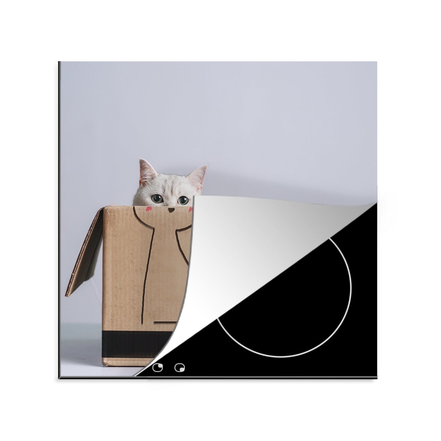 MuchoWow Herdblende-/Abdeckplatte Katze in Pappkarton Vinyl, gezeichnetem 78x78 Ceranfeldabdeckung, küche Arbeitsplatte (1 Katzenkörper, darauf cm, mit für tlg)