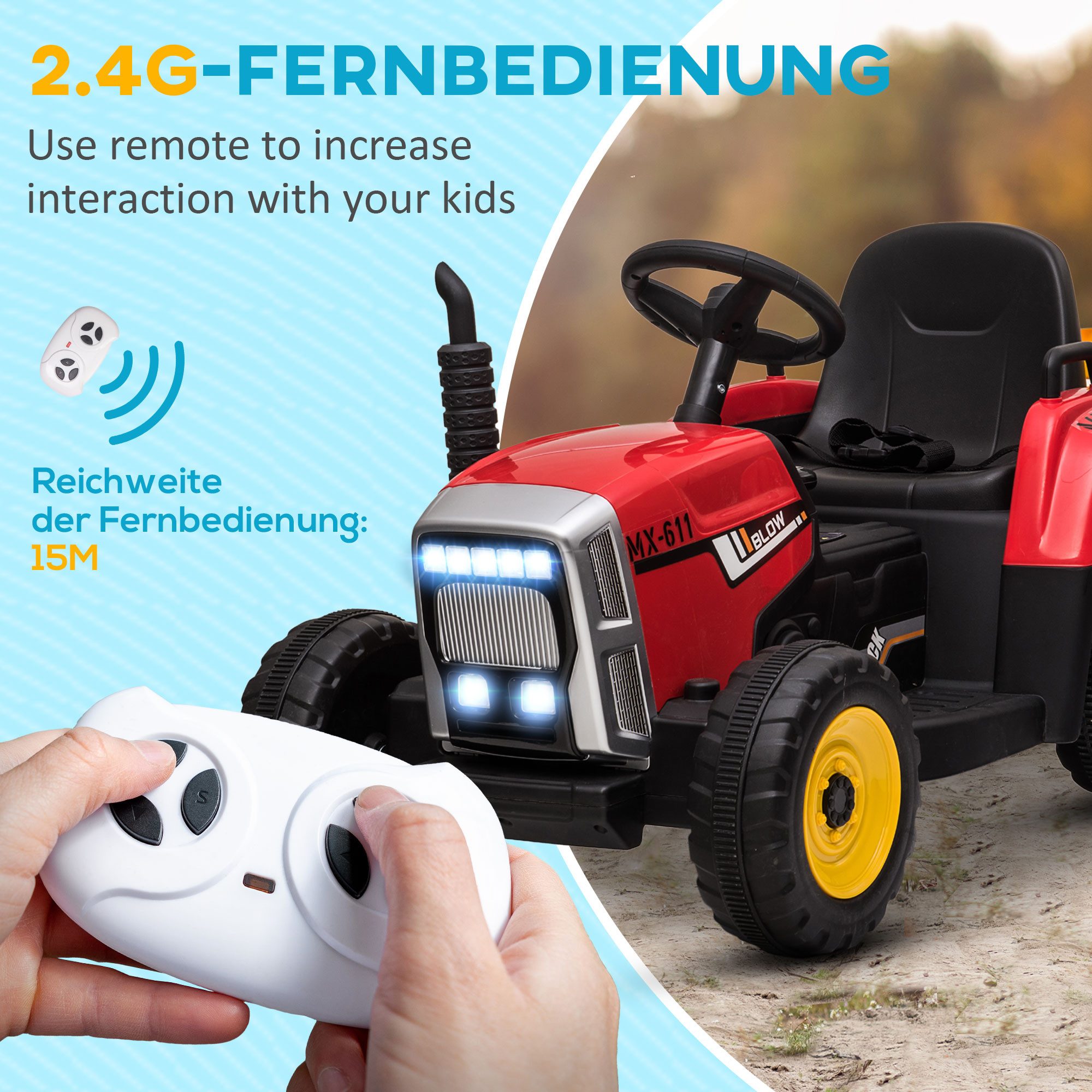 HOMCOM Elektro-Kinderauto Elektrischer Traktor, mit Anhänger, mit Fernbedienung, Belastbarkeit 30 kg, (2-tlg), für 3-6 Jahre Kinder, Rot – Bild 5 von 5