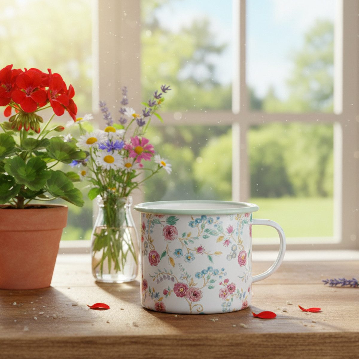 Florists Products Übertopf Pflanztasse Rosen Emaille Deko Tasse Weiß mit Henkel Ø9,5cm