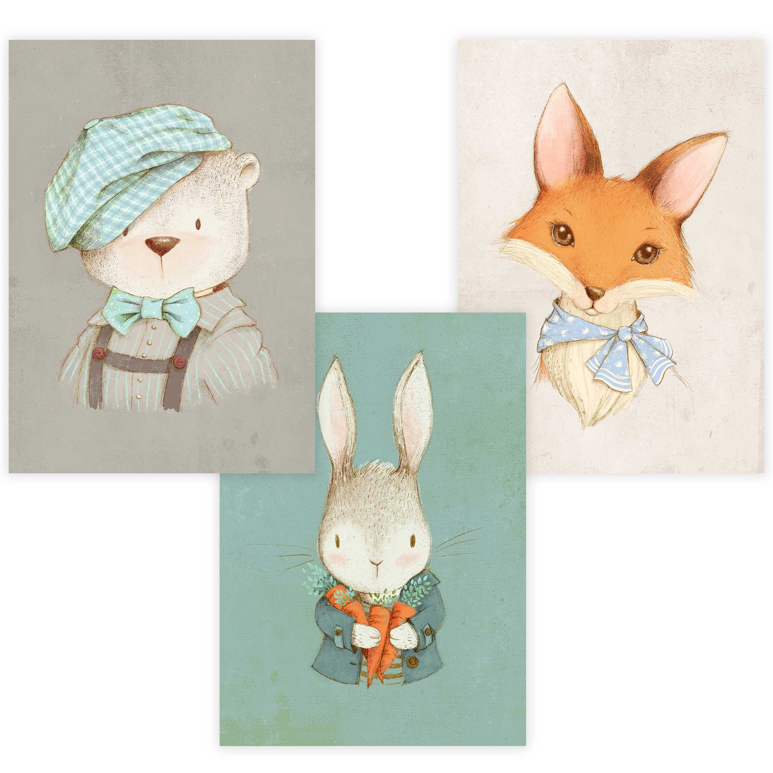 Poster Kinderzimmer Poster 3er Set Premium P758 / Tierportraits