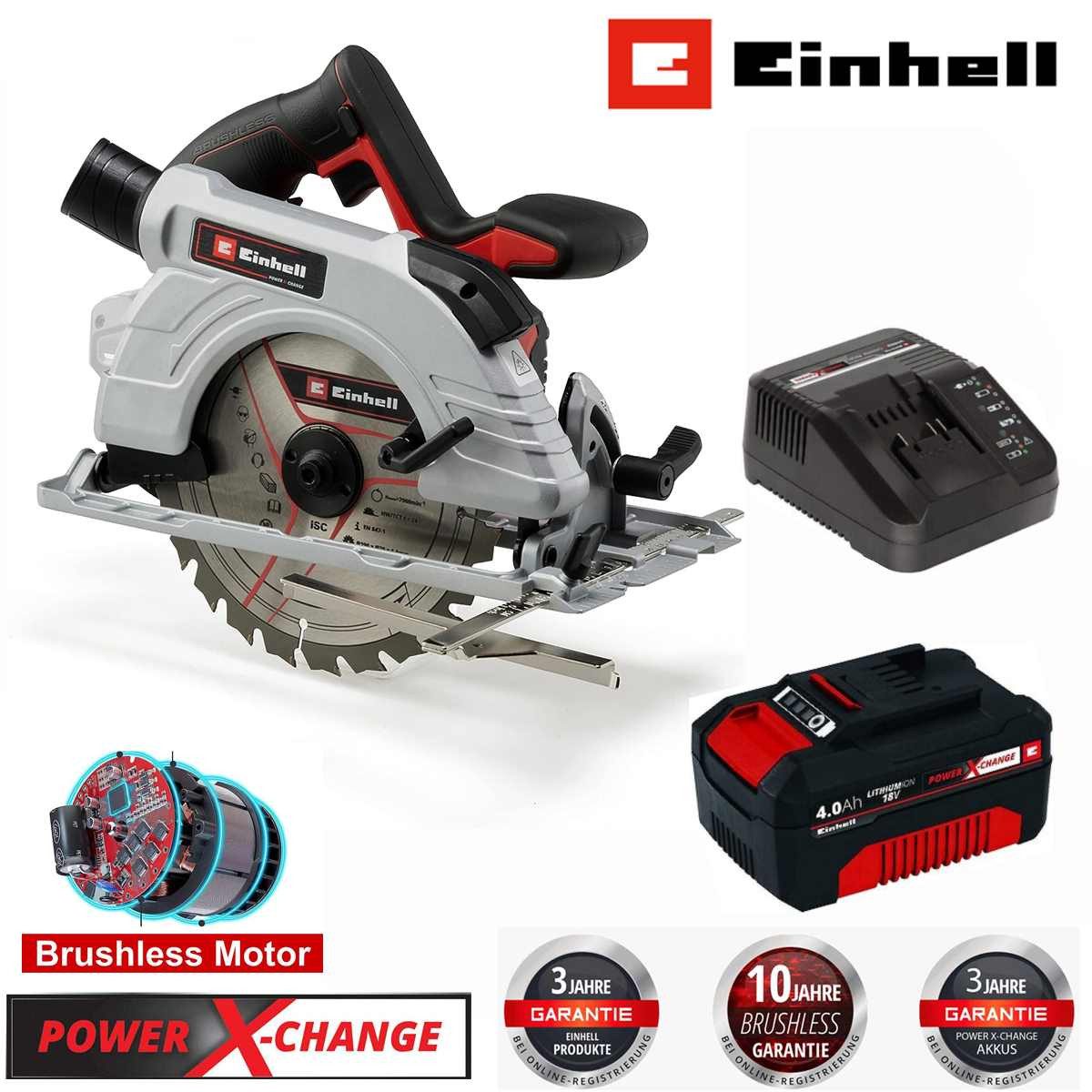 Einhell Akku-Handkreissäge Handkreissäge TP-CS 18/190 Li BL- 18Vmit Akku 4.0 Ah Ladegerät