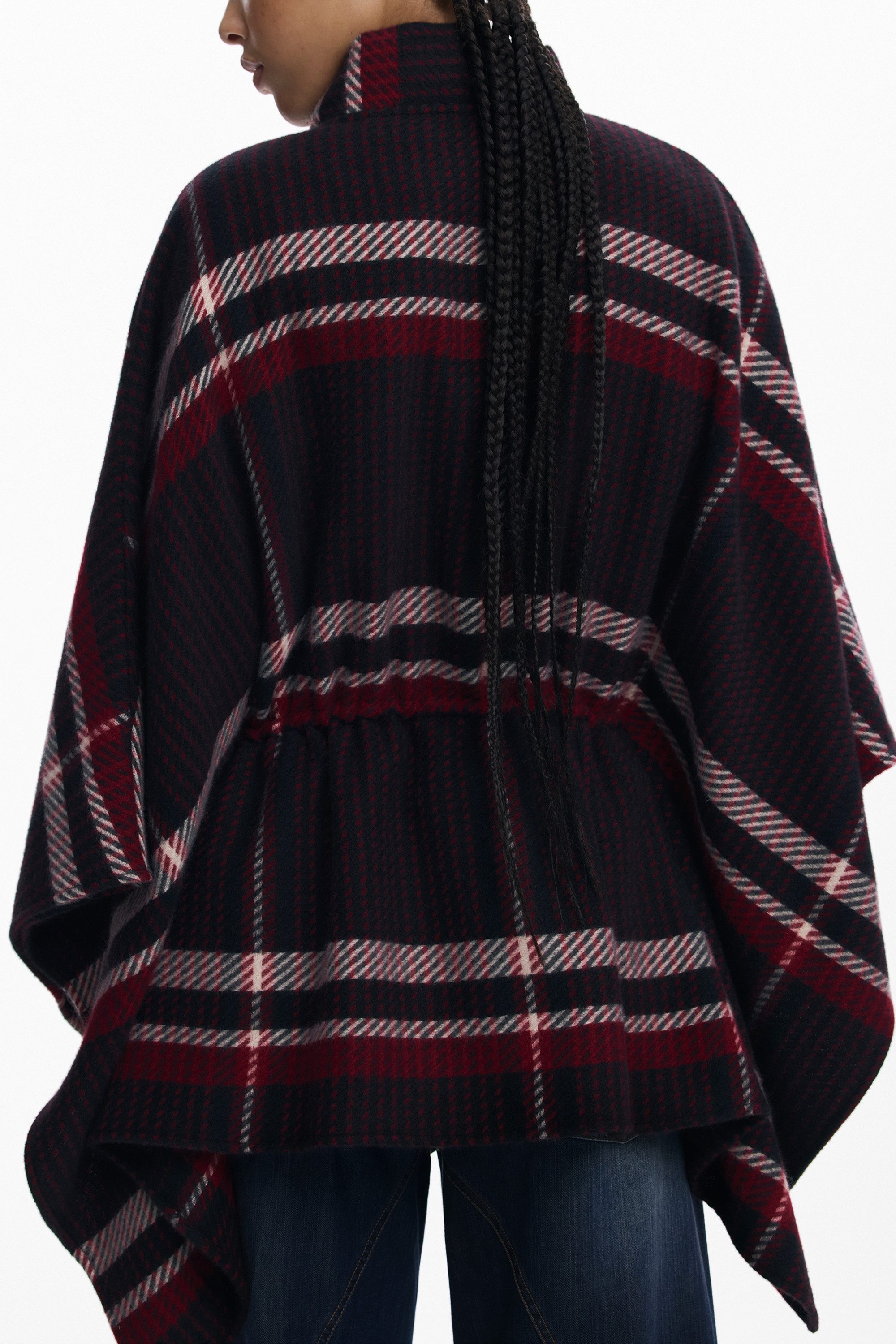 Desigual Strickpullover Poncho Damen Schwarz mit Karos & Kontrastdetails - Mit Reißverschluss