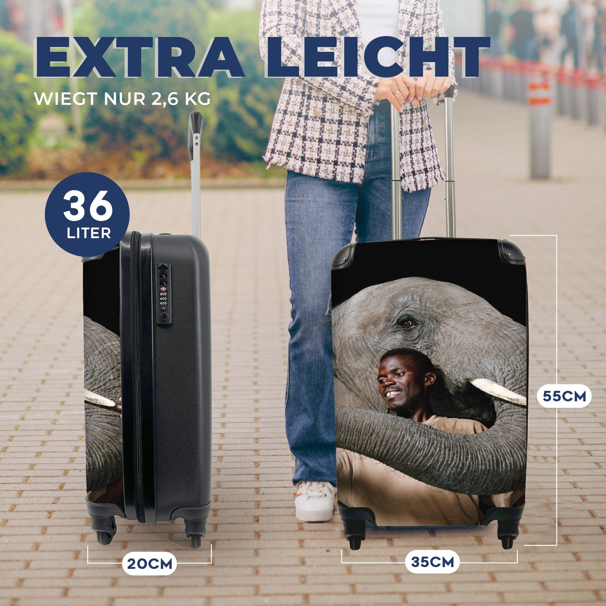 Tiere - Männlich Reisekoffer Handgepäck Schwarz, mit 4 Elefant Rollen, Ferien, Handgepäckkoffer Trolley, rollen, Reisetasche MuchoWow - für -