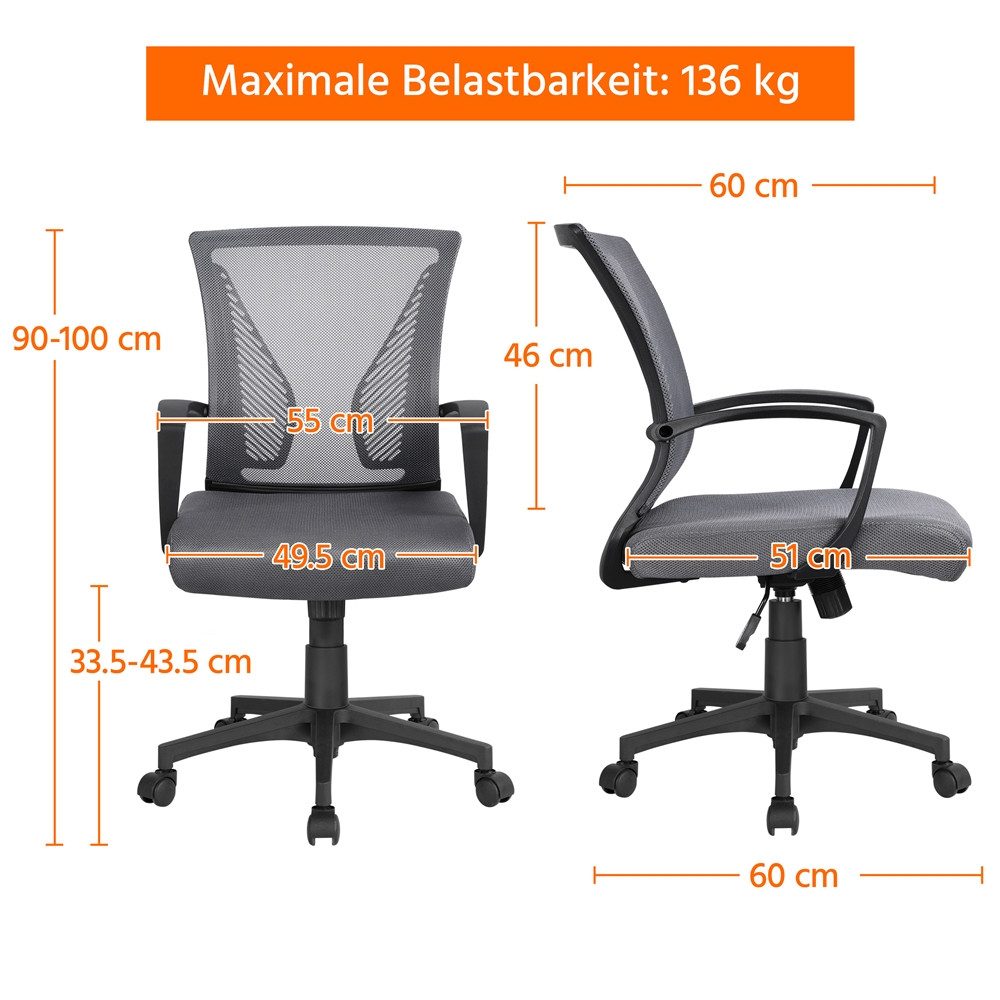 Yaheetech Bürostuhl aus Mesh-Gewebe Höhenverstellbarer Schreibtischstuhl, Ergonomischer Drehstuhl Arbeitsstuhl Computerstuhl mit Wippfunktion – Bild 4 von 5
