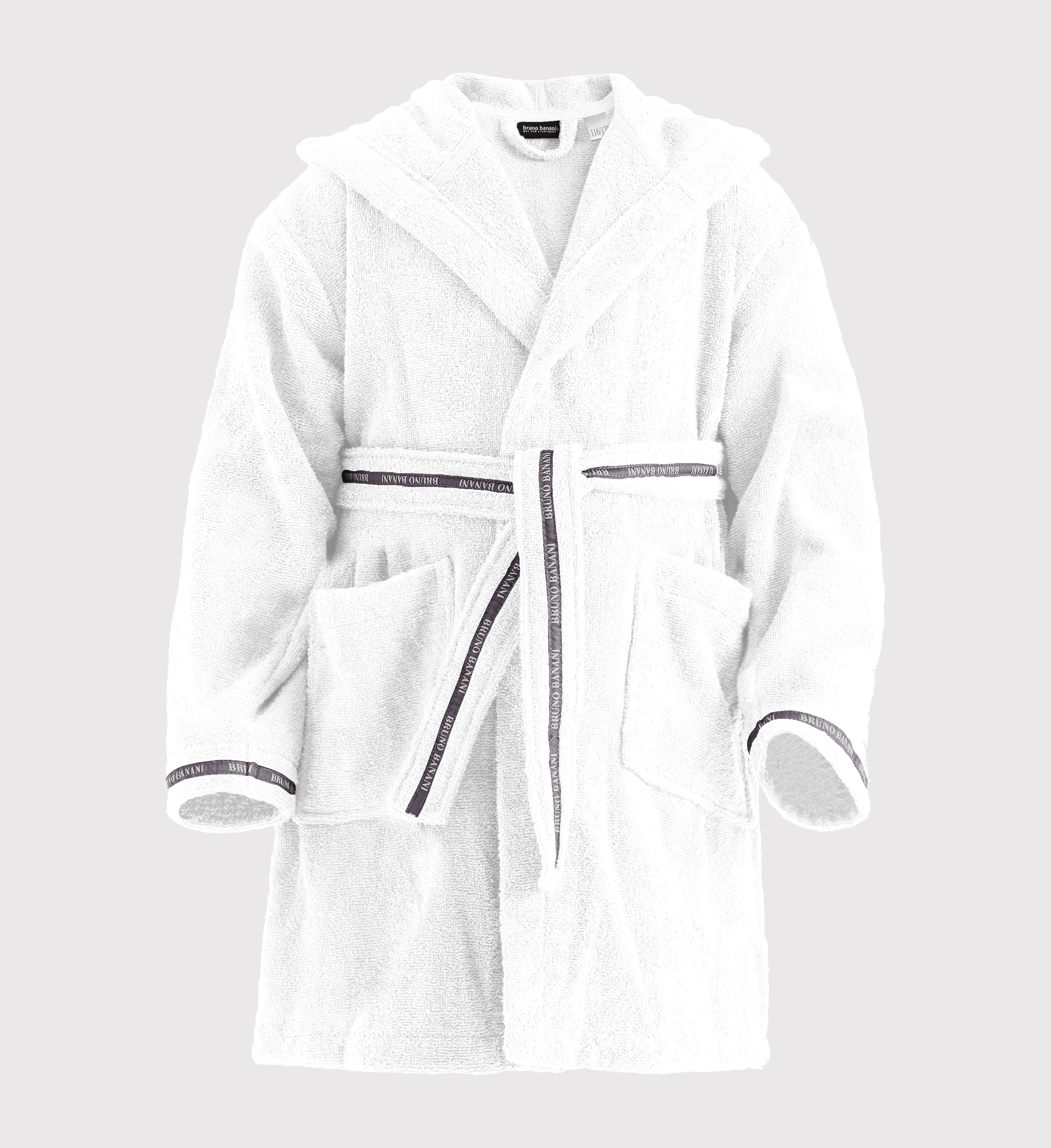 Bruno Banani Kinderbademantel Danny, Ideal für Zuhause, Schwimmbad oder im Urlaub, Langform, Walkfrottee, Kapuze, Gürtel, mit Logostreifen, aus 100% Baumwolle