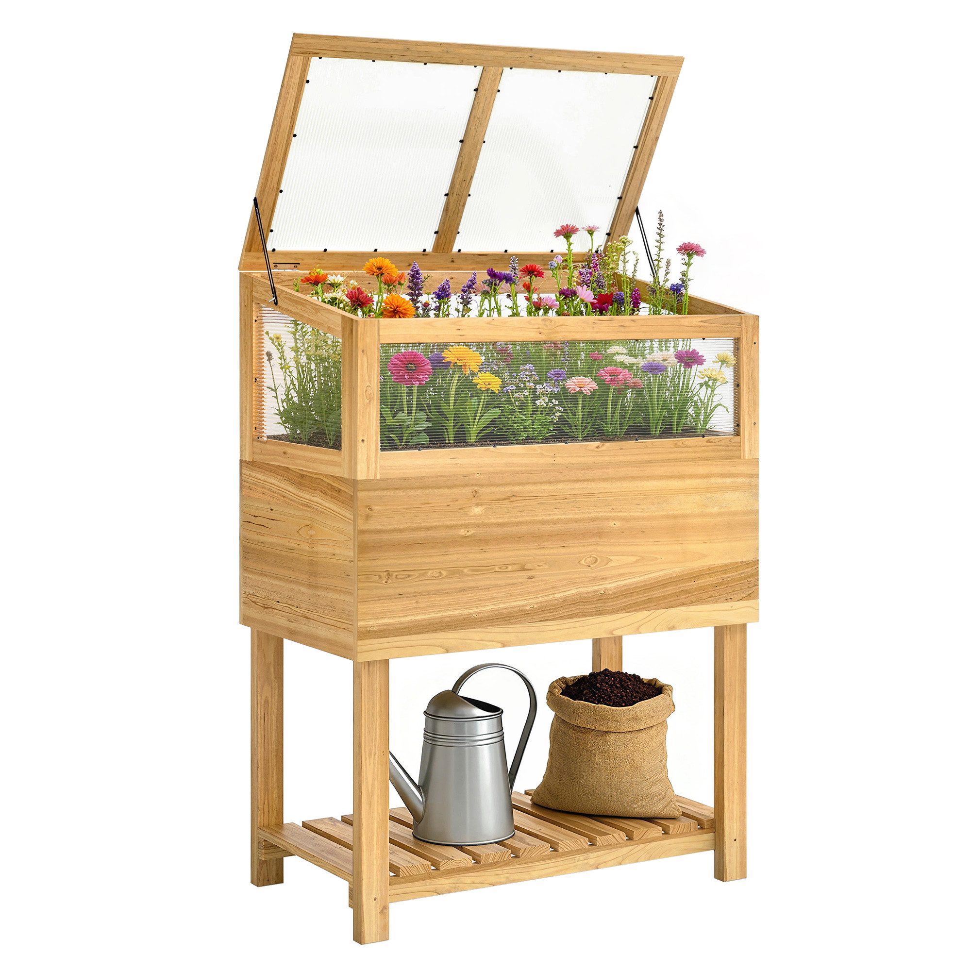 Outsunny Hochbeet Gemüsebeet Blumenkasten aus Holz aufklappbar Abdeckung ergonomisch (Pflanzkasten, 1 St., Frühbeetaufsatz), für Garten Balkon 80x45x108,5cm Nat – Bild 2 von 5
