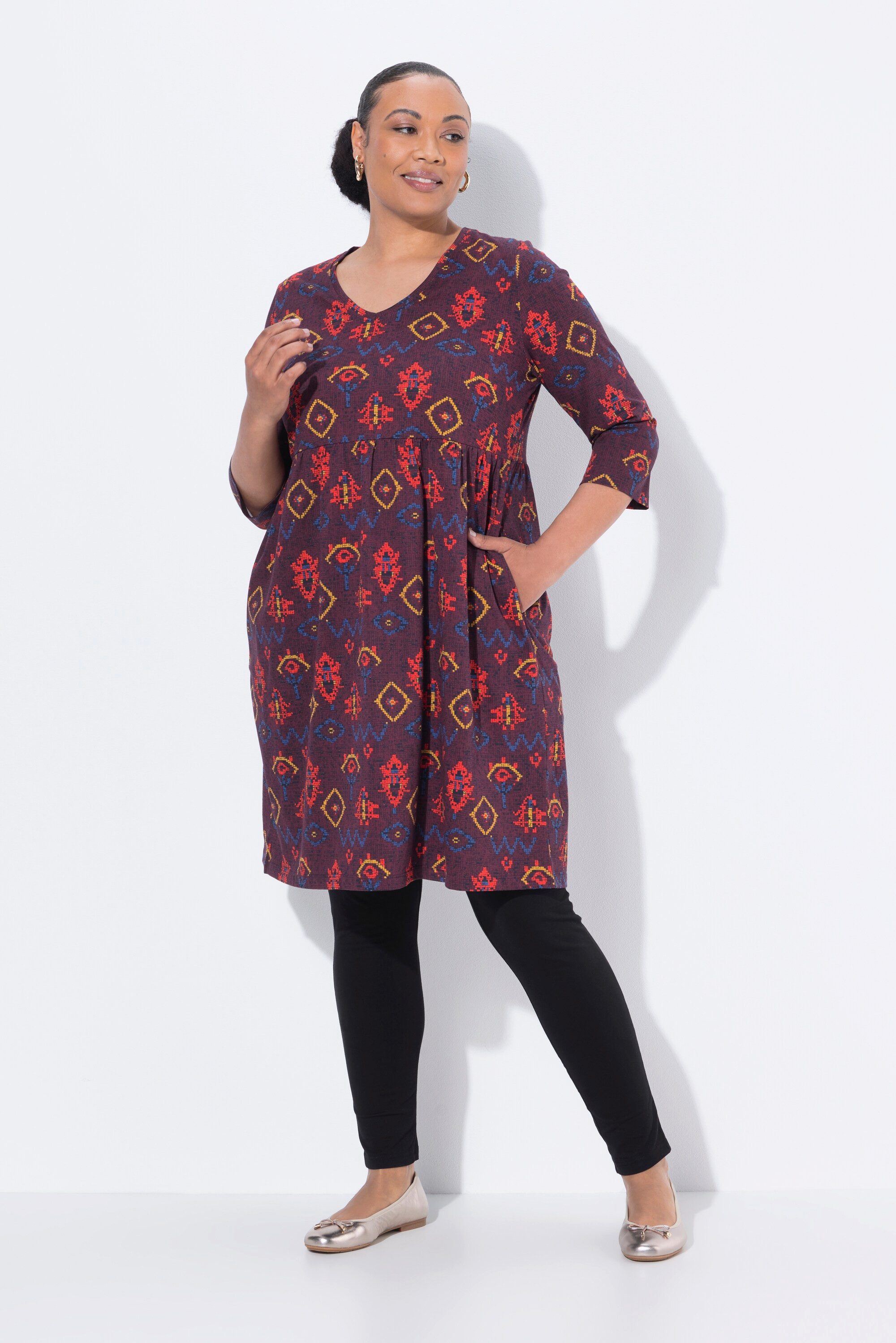 Jerseykleid Longshirt A-Linie V-Ausschnitt 3/4-Arm Taschen