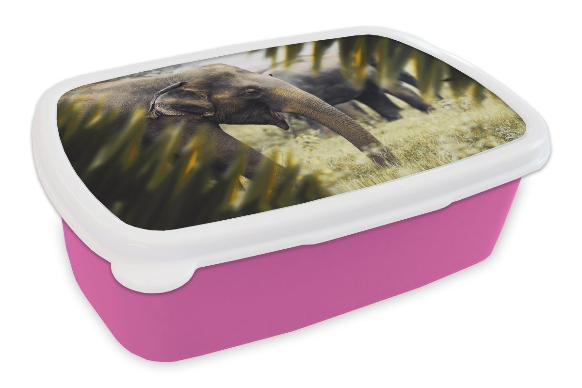 MuchoWow Lunchbox Elefant - Natur - Blätter, Kunststoff, (2-tlg), Brotbox für Erwachsene, Brotdose Kinder, Snackbox, Mädchen, Kunststoff rosa