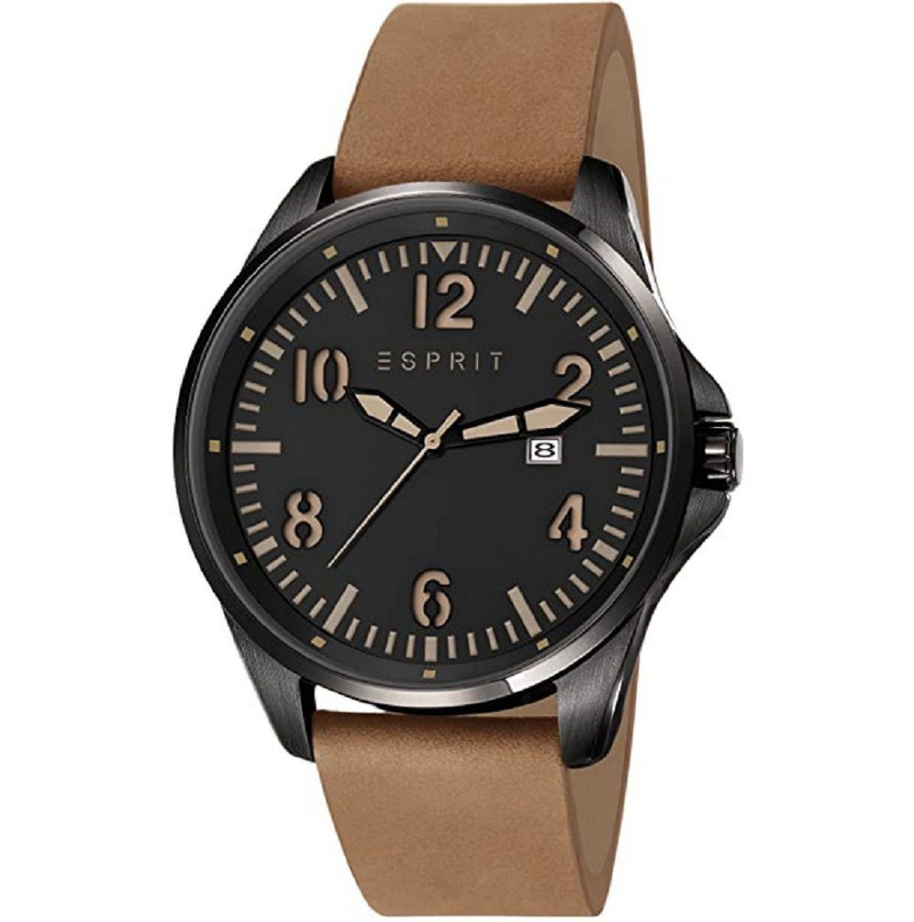 Esprit Quarzuhr, schwarzem Analog-Anzeige ES107601002 und Lederband Herren Quarzuhr Zifferblatt braunem mit