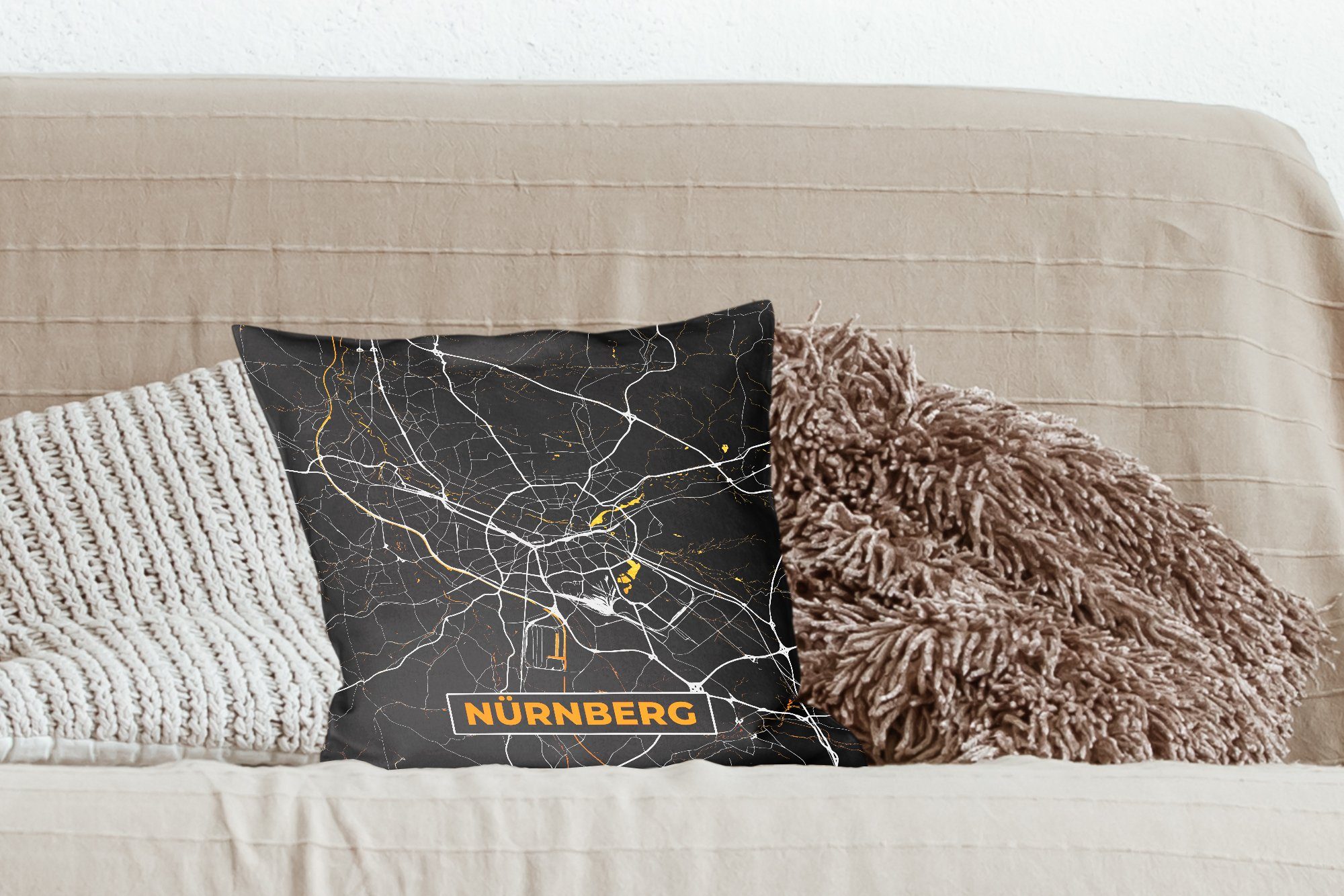 Schlafzimmer, Nürnberg - Wohzimmer, Sofakissen für Dekokissen Zierkissen Deko, Stadtplan - Karte Füllung - mit - MuchoWow Gold Deutschland,
