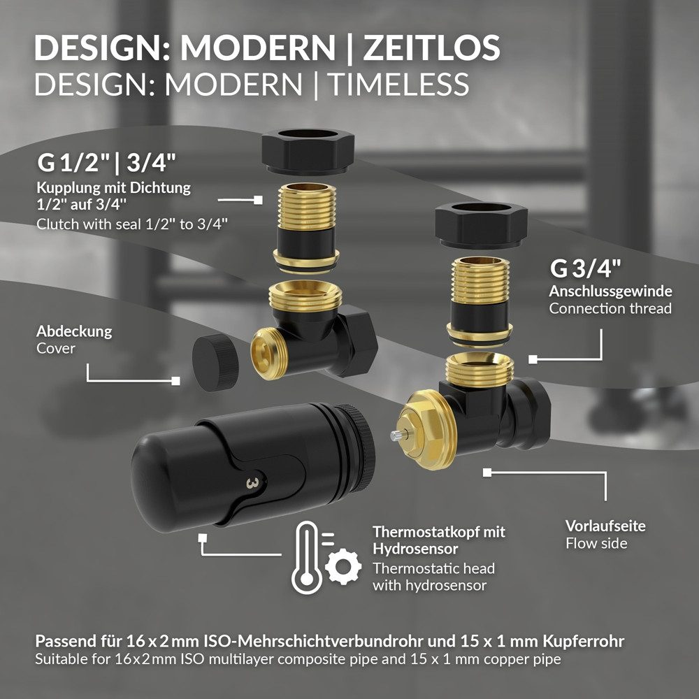 LuxeBath Heizkörperthermostat Thermostatventil + Rücklaufverschraubung Flüssigfühler für Heizkörper, Heizkörperventil Komplett-Set Thermostatkopf 1/2" Eckform Ventil