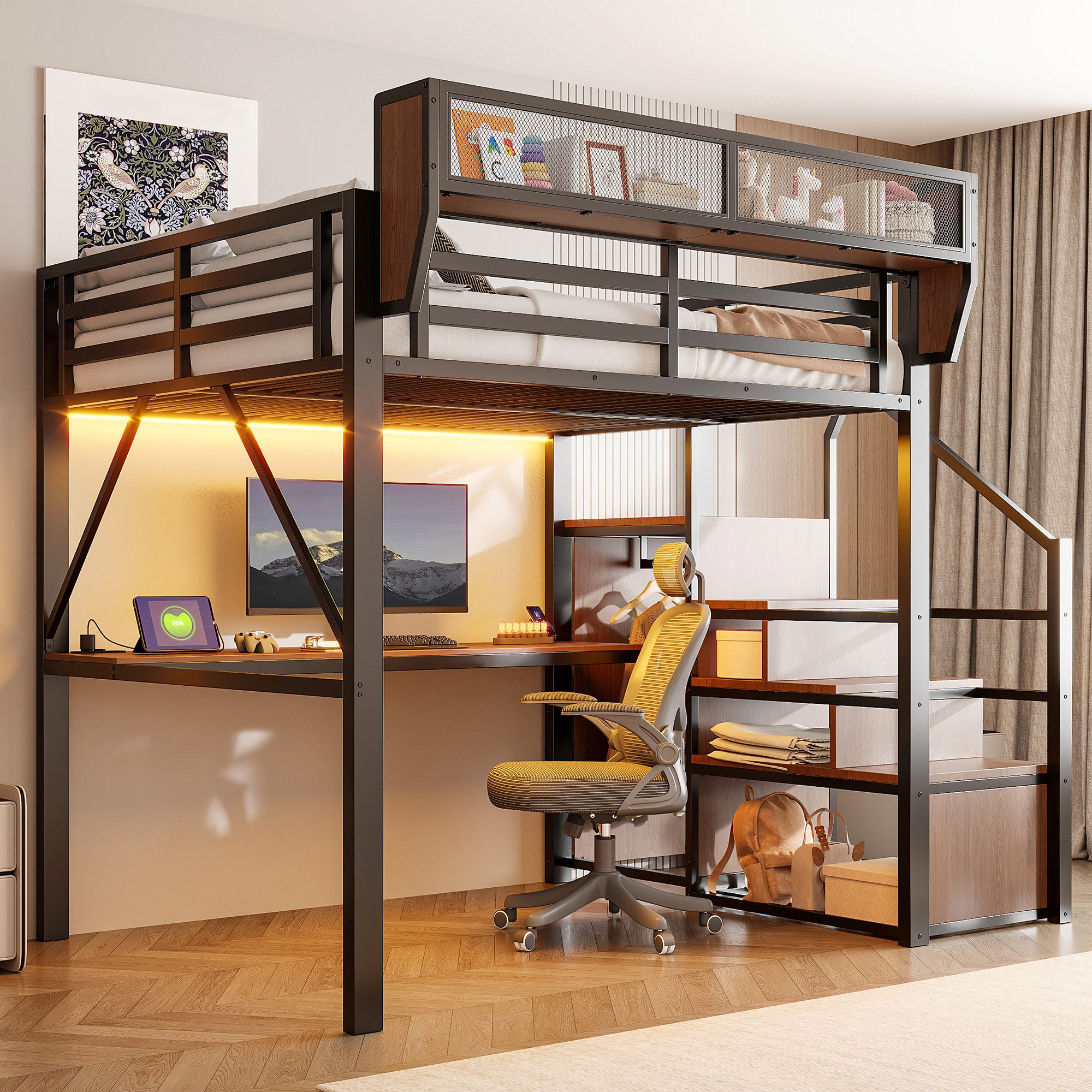 Odikalo Hochbett Metall-JugendEinzelbett mit LED-Lichtleiste langem Schreibtisch (Sicherheitsleiter und flexiblem Stauraum–universelles Metallbett für Erwachsene und Kinder Weiß/Schwarz)