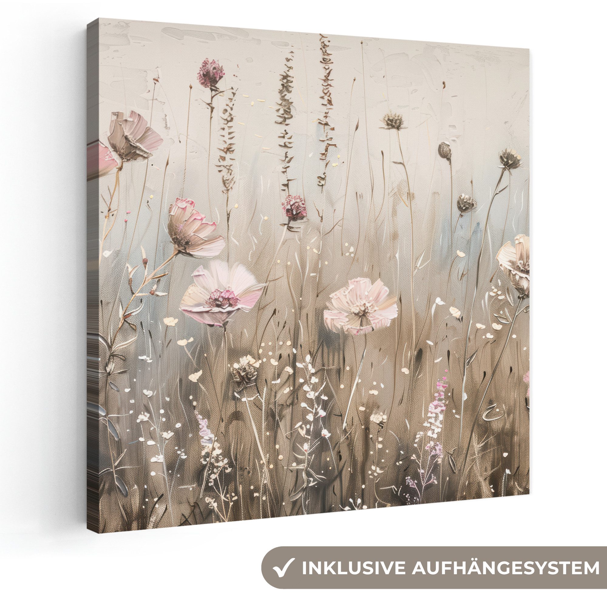 OneMillionCanvasses® Leinwandbild Blumen - Rosa - Modern - Beige, Fotodruck (1 St), Wandbild, Deko Schlafzimmer Wohnzimmer Flur 20x20 cm