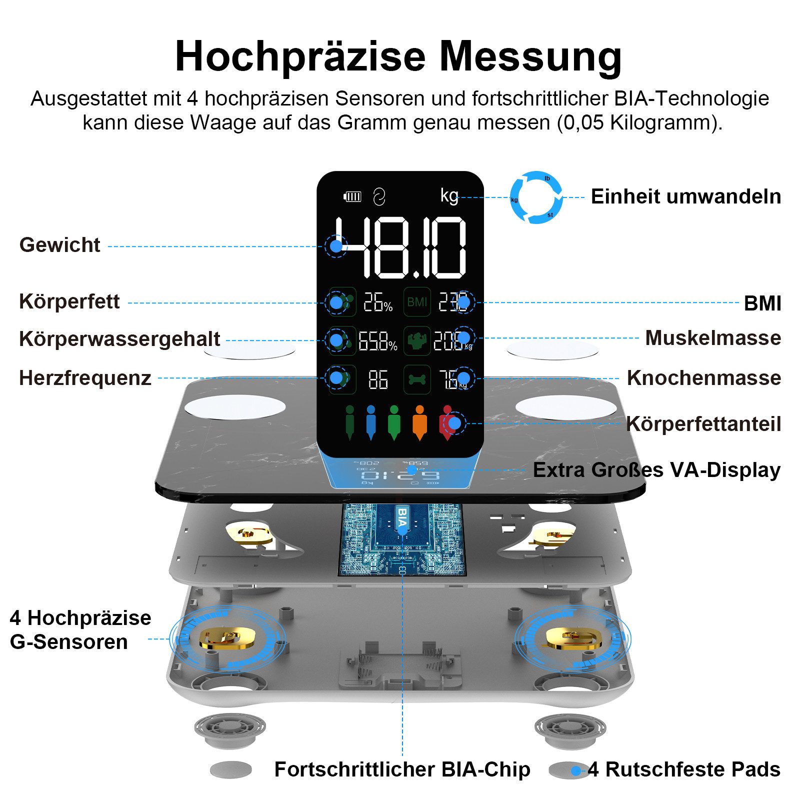 Healthkeep Körper-Analyse-Waage Intelligente Körperanalysewaage 15 Körperdaten mit großem VA-Display, Digitale Waage Impedanzmessung Bluetooth, App für Android und iOS Max. 180kg/400lb/28st