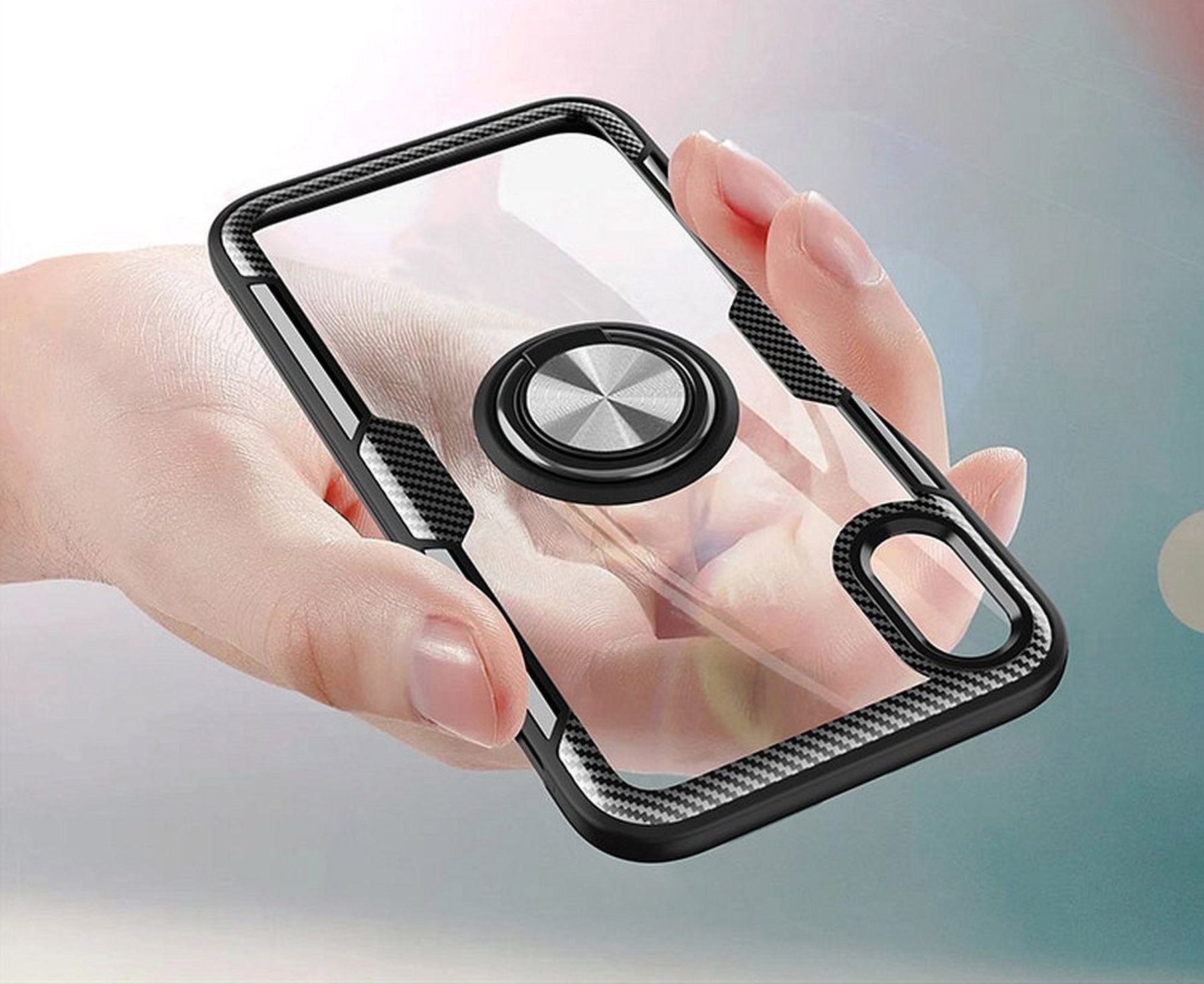 cofi1453 Bumper Premium Handy Hülle Carbon Transparent Bumper drehbarer Ring 360 Gra