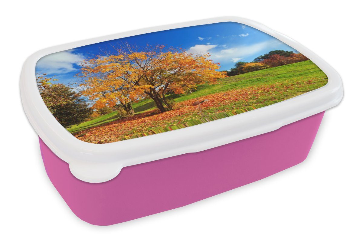 Jahreszeiten, rosa Kunststoff, - Brotdose Baum MuchoWow (2-tlg), Kunststoff Mädchen, Kinder, Snackbox, Brotbox Erwachsene, Blätter - für - Herbst Lunchbox
