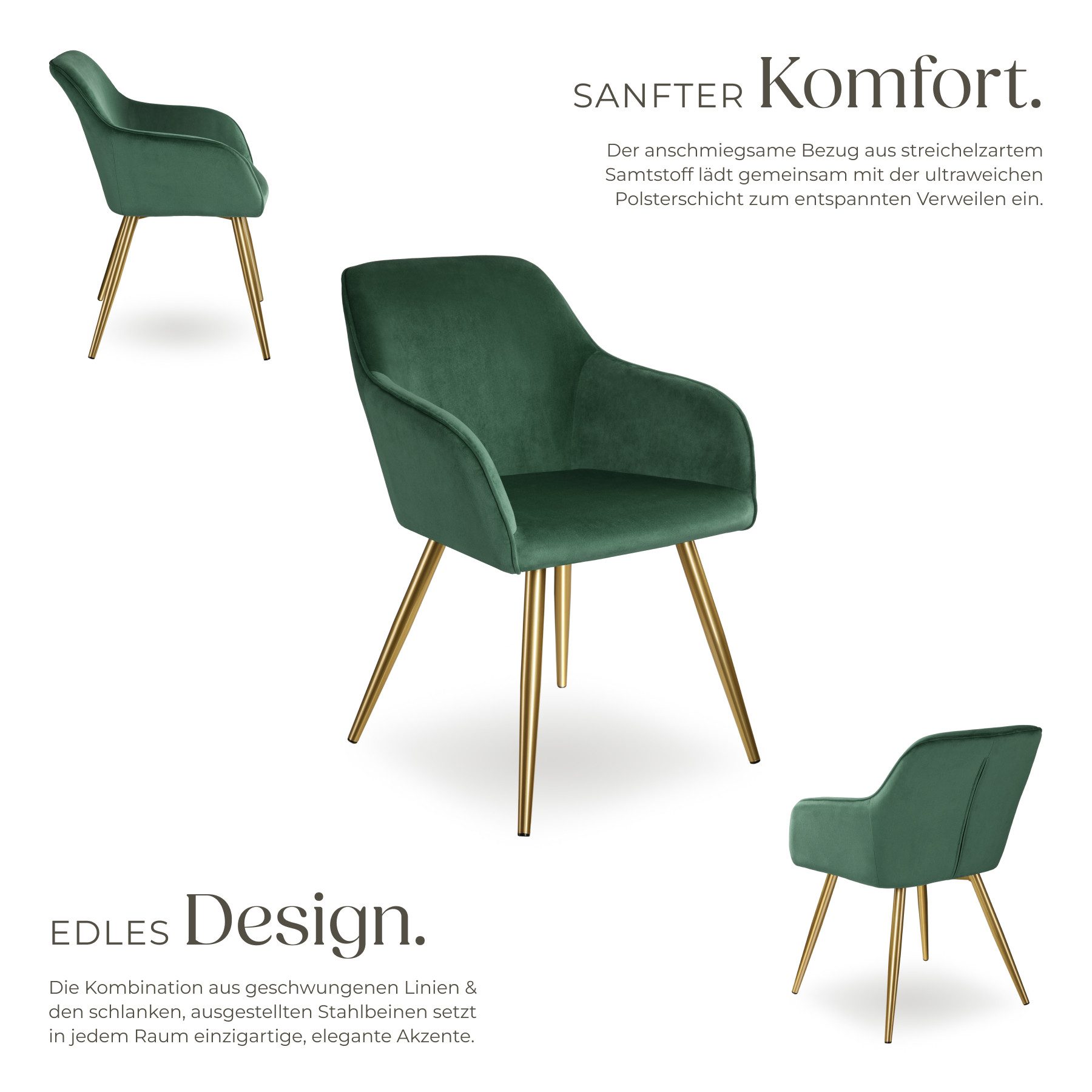 tectake Esszimmerstuhl Küchenstuhl Marilyn Samtoptik, goldene Stuhlbeine (Set, 1 St), Vielseitig verwendbar und kombinierbar