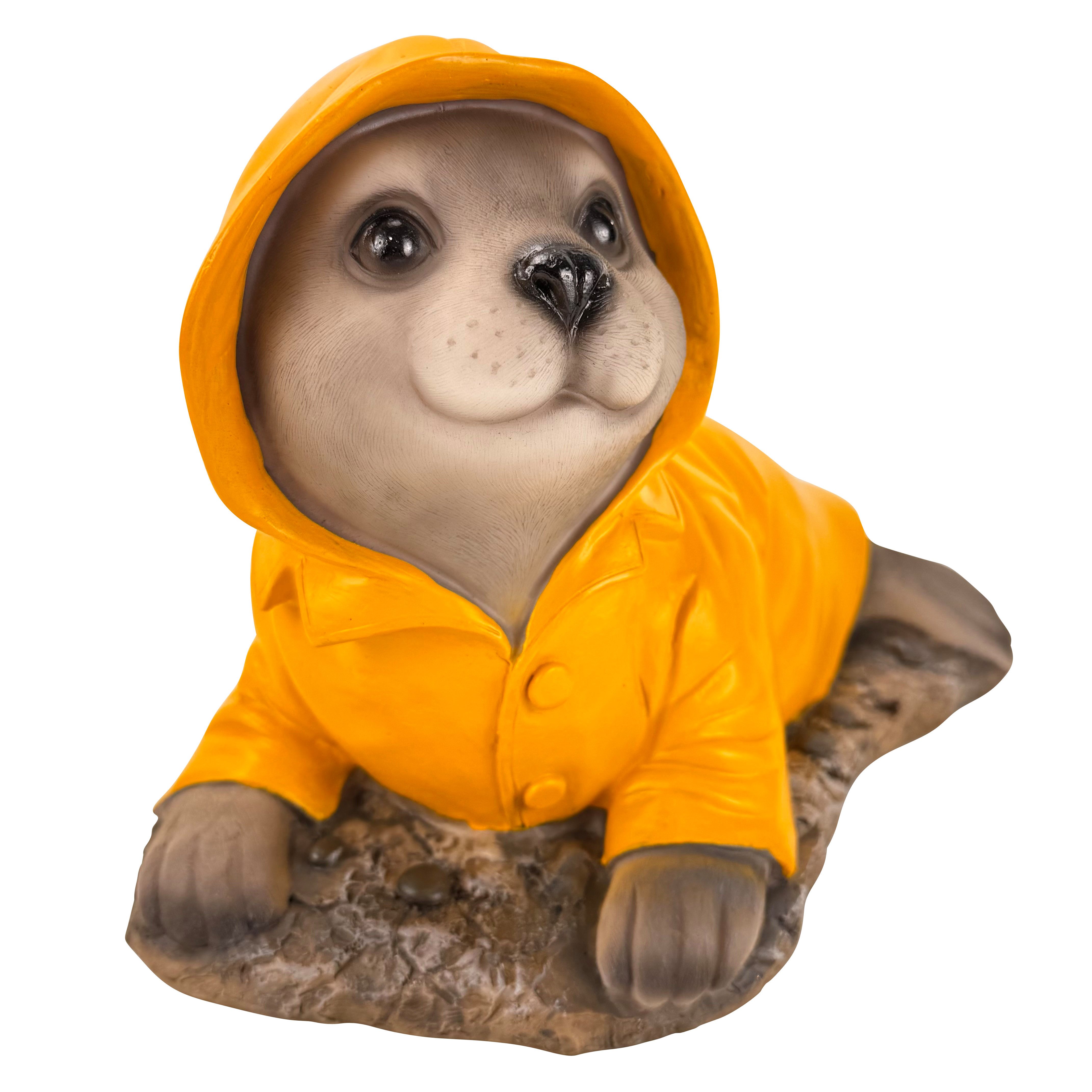 Online-Fuchs Gartenfigur für draußen - Seehund im Regenmantel - Teichdeko - 30 cm groß, (Robbe), aus hochwertigem Kunstharz gefertigt - wetterfest