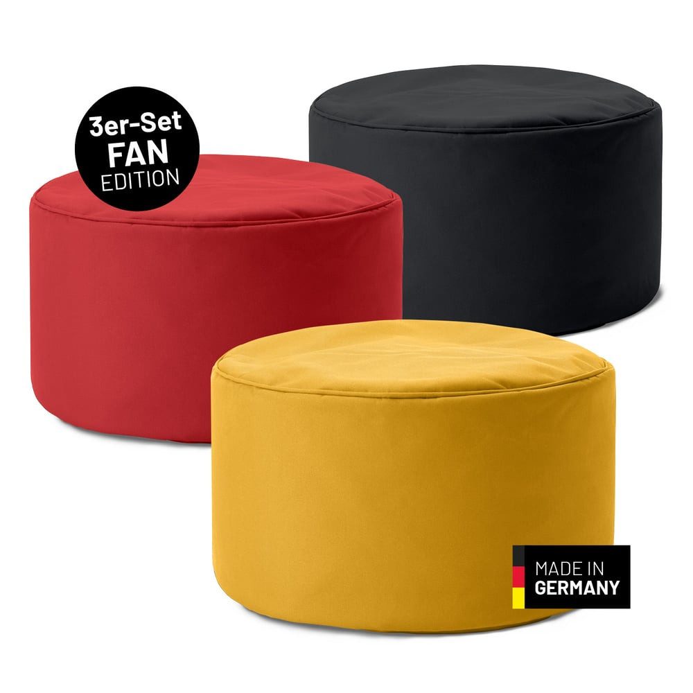 Lumaland Sitzhocker EM 2024 3er Deutschland-Set "POUF", je 1 x Schwarz, Rot & Gelb - in-/outdoor