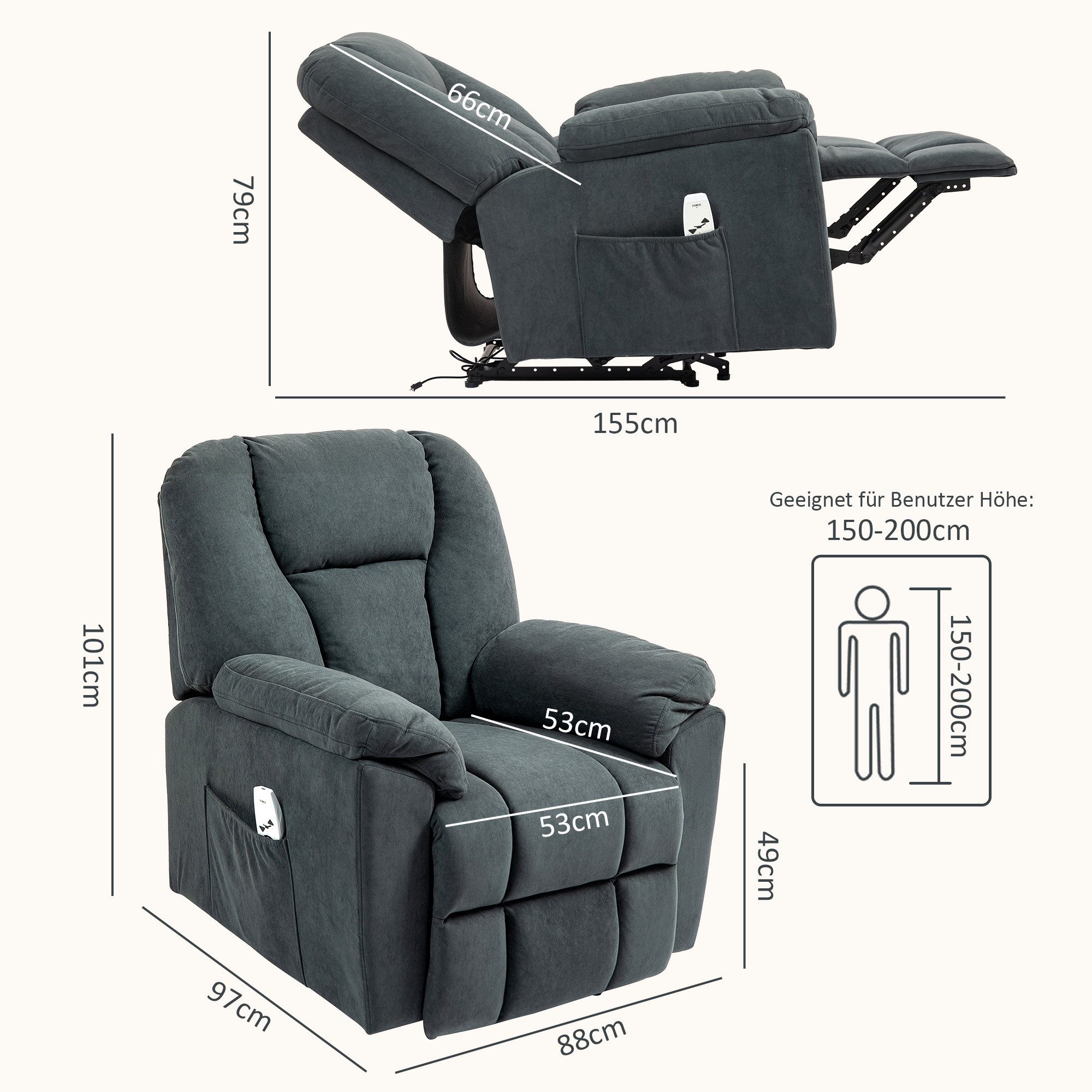 HOMCOM Relaxsessel Fernsehsessel mit Liegefunktion Wärmefunktion (Liegesessel mit Seitentasche Fußteil, 1-St., Massagesessel), mit USB-Anschlüsse TV Sessel für Wohnzimmer Dunkelgrau
