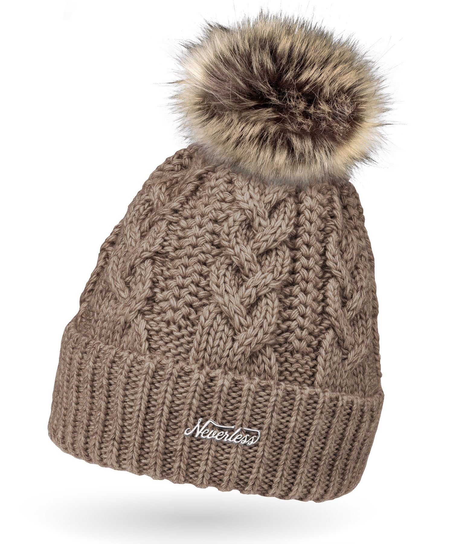 Strick-Mütze beige Bommelmütze Bommelmütze Neverless gefüttert Kunstfell Neverless® Fell-Bommel Winter-Mütze Damen