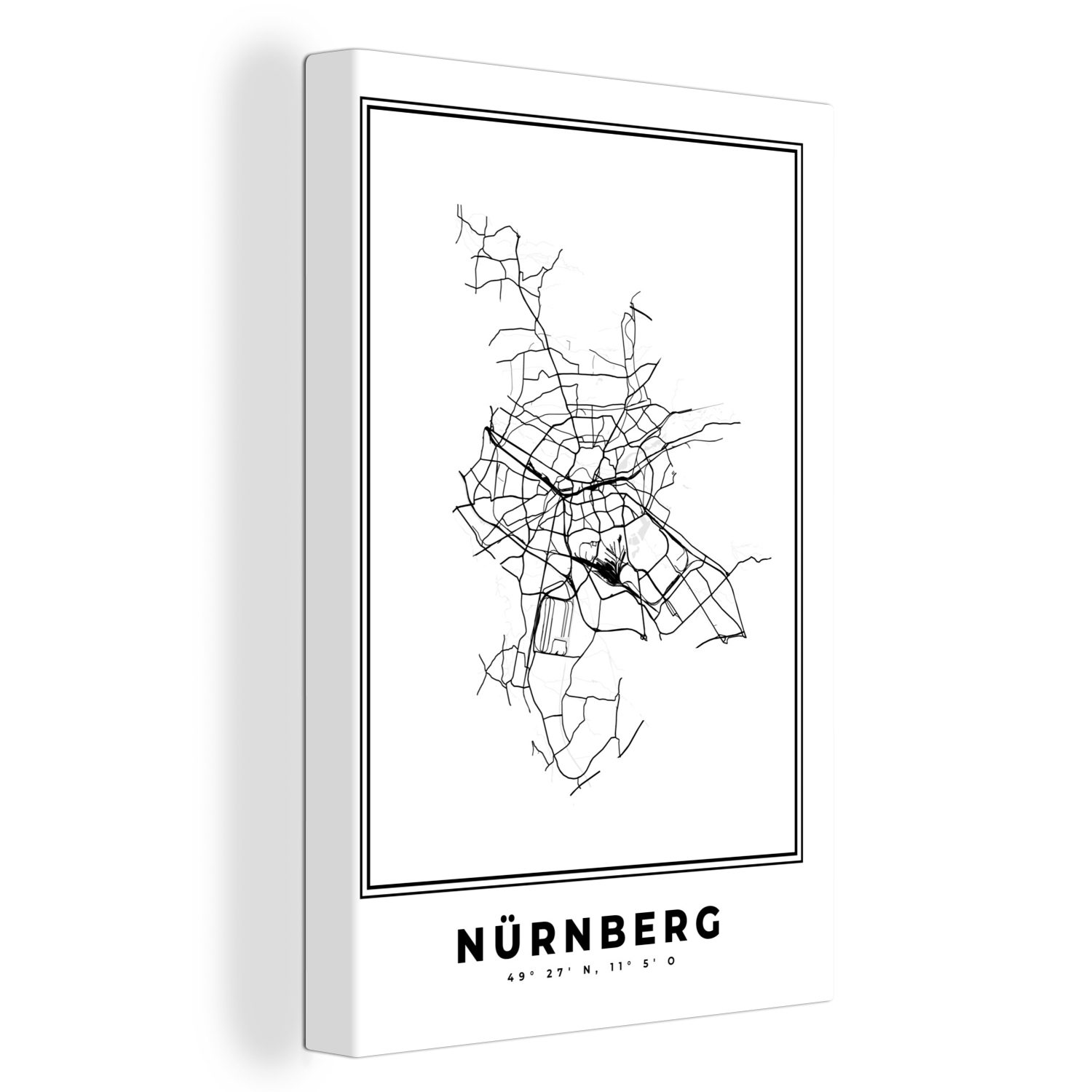 OneMillionCanvasses® Leinwandbild Stadtplan Karte inkl. fertig Zackenaufhänger, 20x30 (1 - Schwarz-weiß - - Deutschland, Nürnberg cm bespannt Leinwandbild St), Gemälde, 