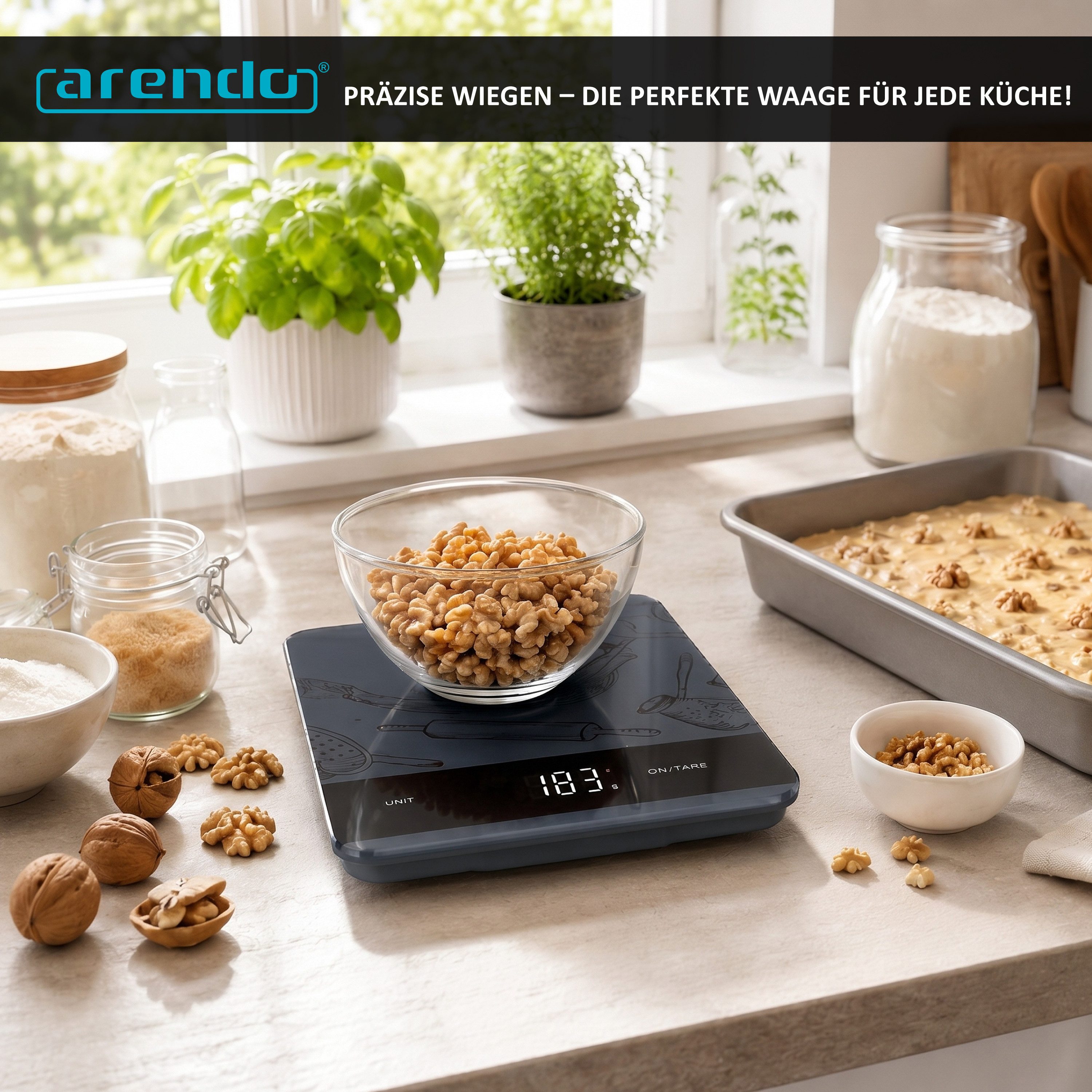 Arendo Küchenwaage digital mit Hochglanz Glasoberfläche, Lebensmittelwaage, 20 x 13,5cm, (1-tlg), 1 g Genauigkeit, Tara-Funktion, LCD-Display, 5 kg Tragkraft – Bild 5 von 5