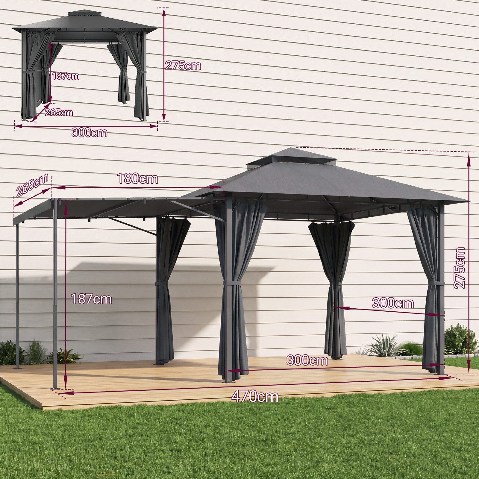 GUNJI Pavillon Doppellagiges Grillpavillon mit 1,8m Ausziehbarer Seitenmarkise, flexibel verstellbare Schattenflächen für Garten Terrasse Grillabend – Bild 4 von 5